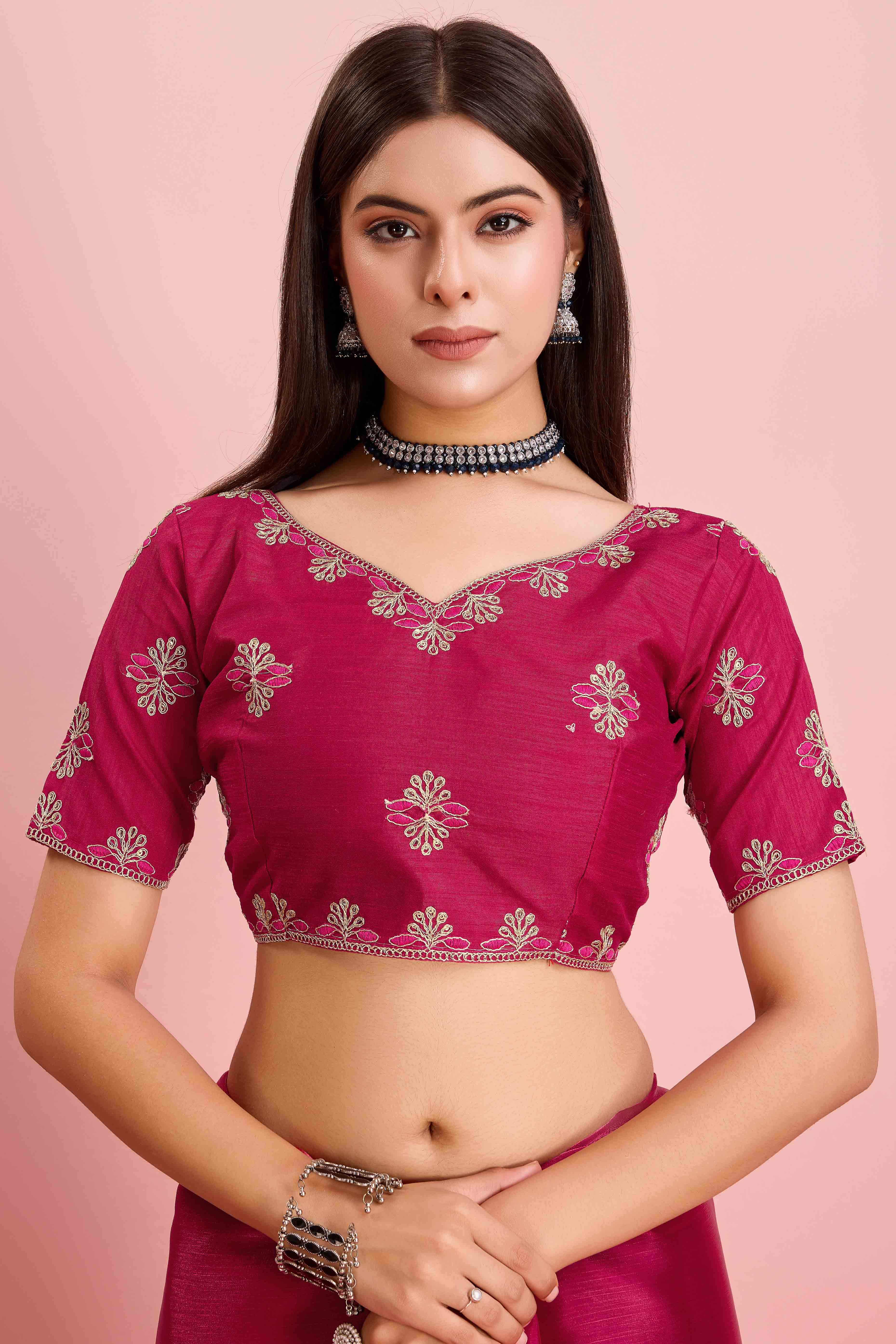 Rani Pink Solid With Sequins Embroidery Border Mulberry Silk Saree