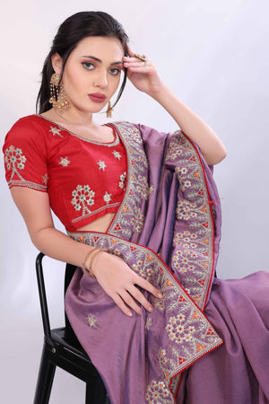 Lavender Vichitra Silk Saree Embellished With Floral Cording Embroidery & Sparkling Sequins