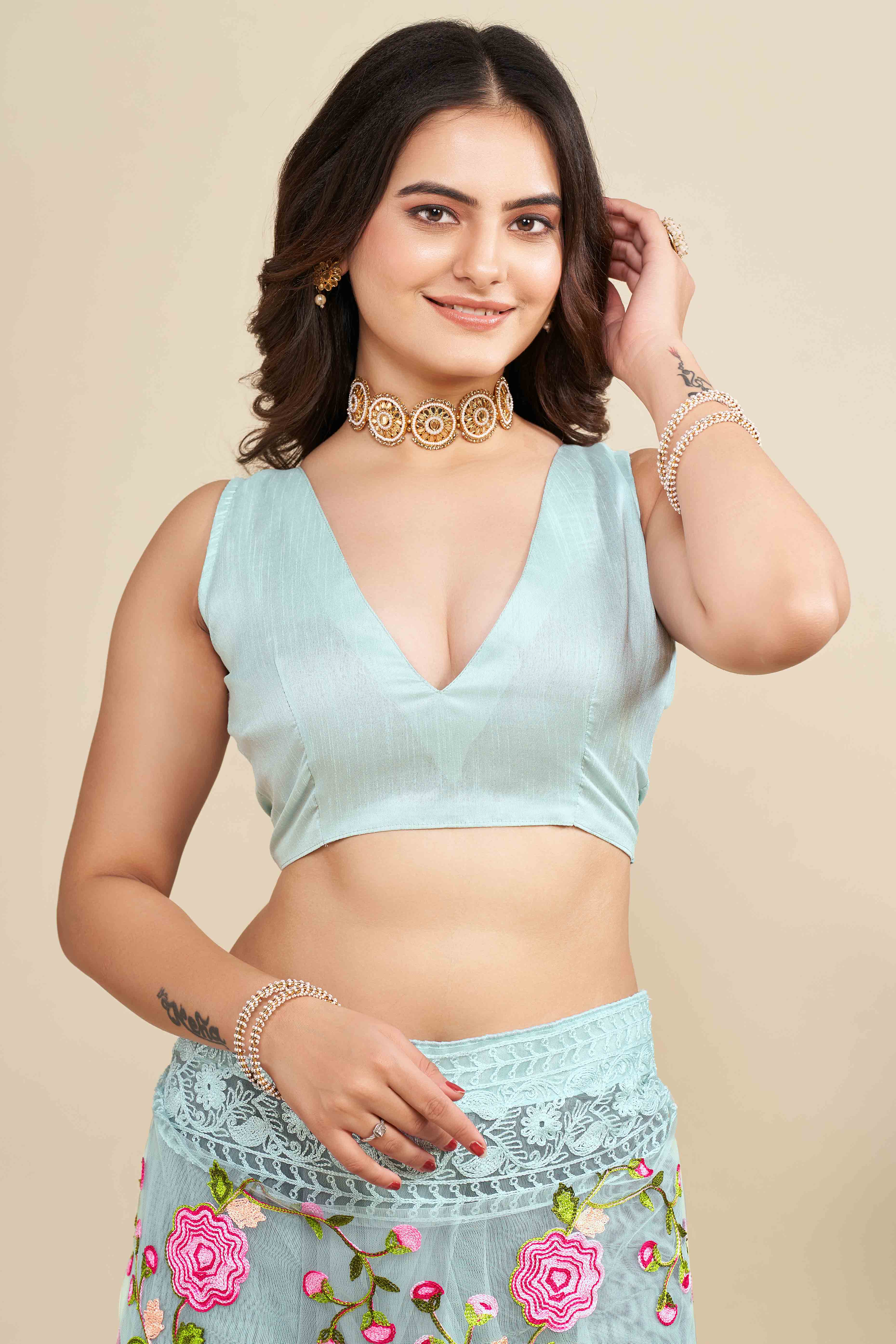 Sky Blue Floral Embroidered Party Wear Saree in Net Fabric with Lavish Detailing