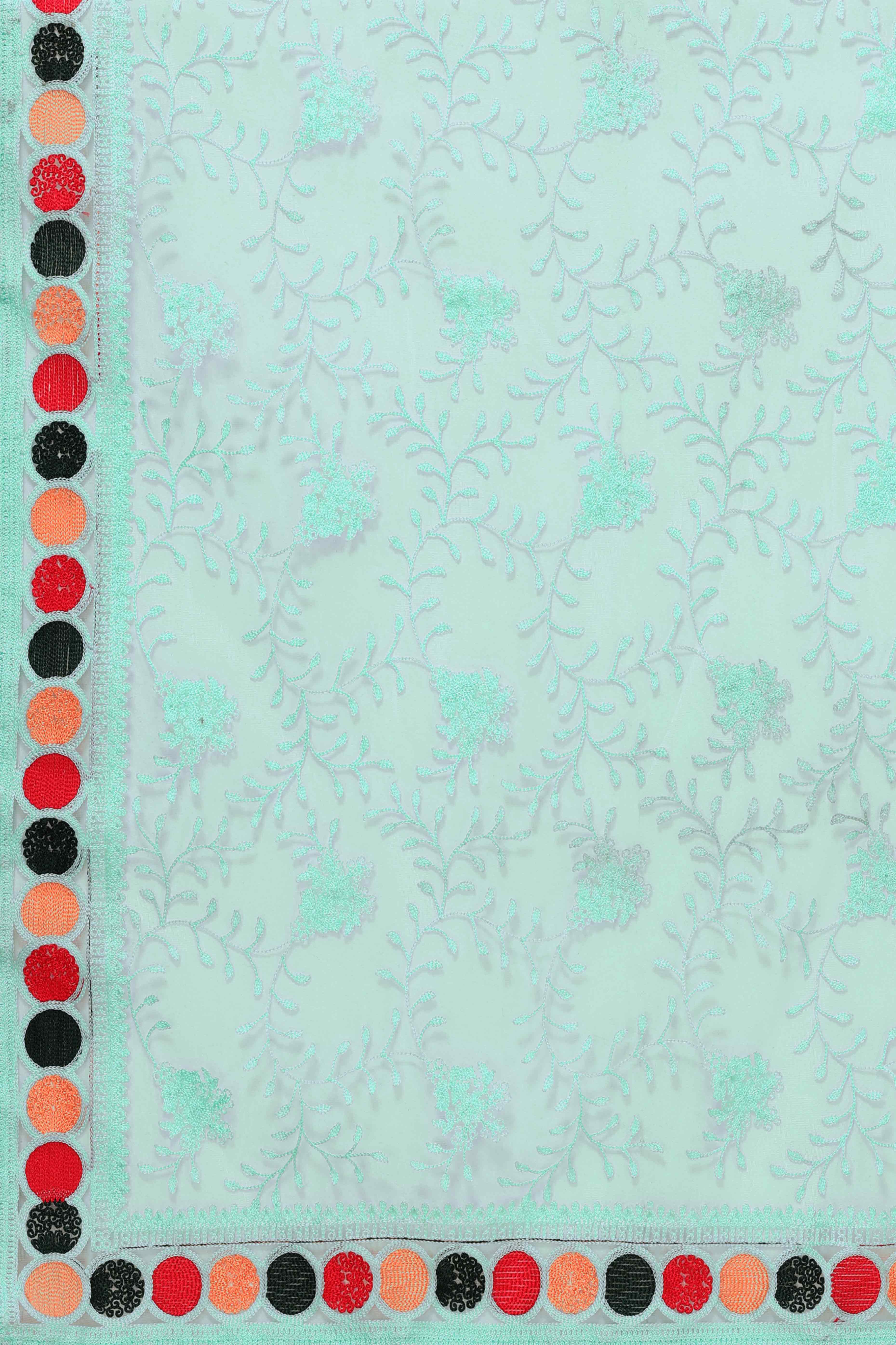 Blue Floral Embroidered Net Saree