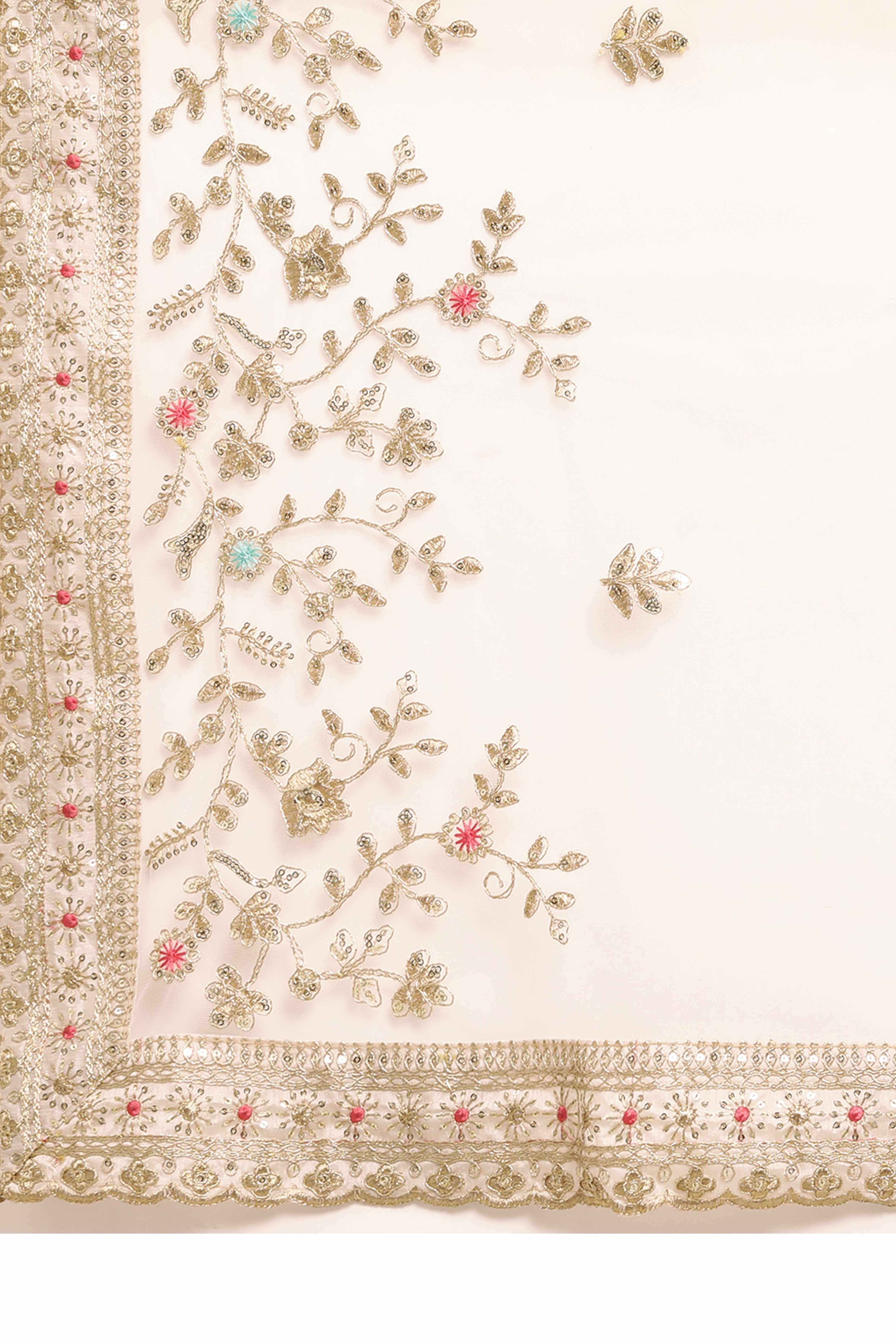 Cream Soft Net Saree With Delicate Floral Embroidery & Shimmering Sequins Work