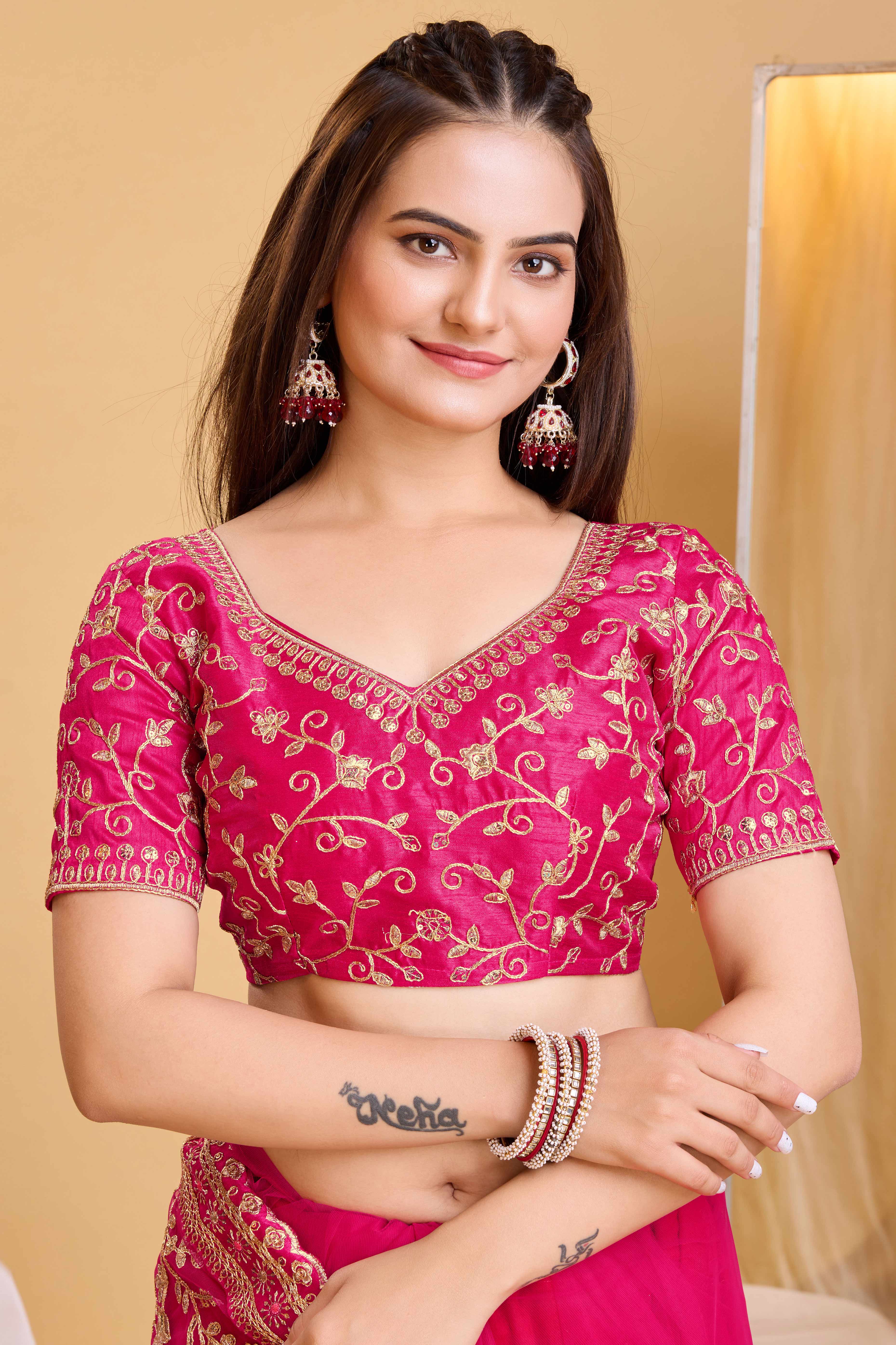 Rani Pink Soft Net Saree With Delicate Floral Embroidery & Shimmering Sequins Work