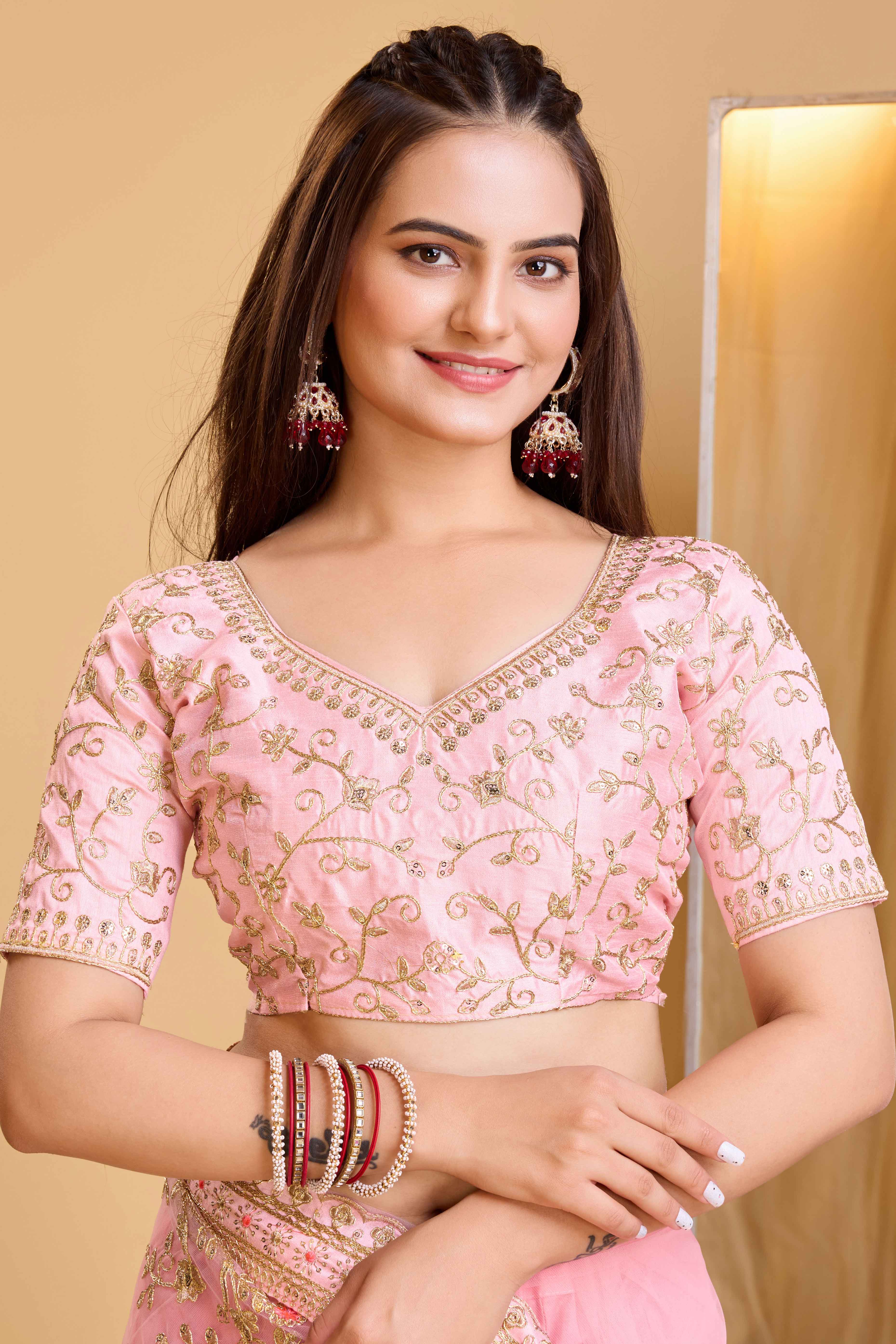 Baby Pink Soft Net Saree With Delicate Floral Embroidery & Shimmering Sequins Work