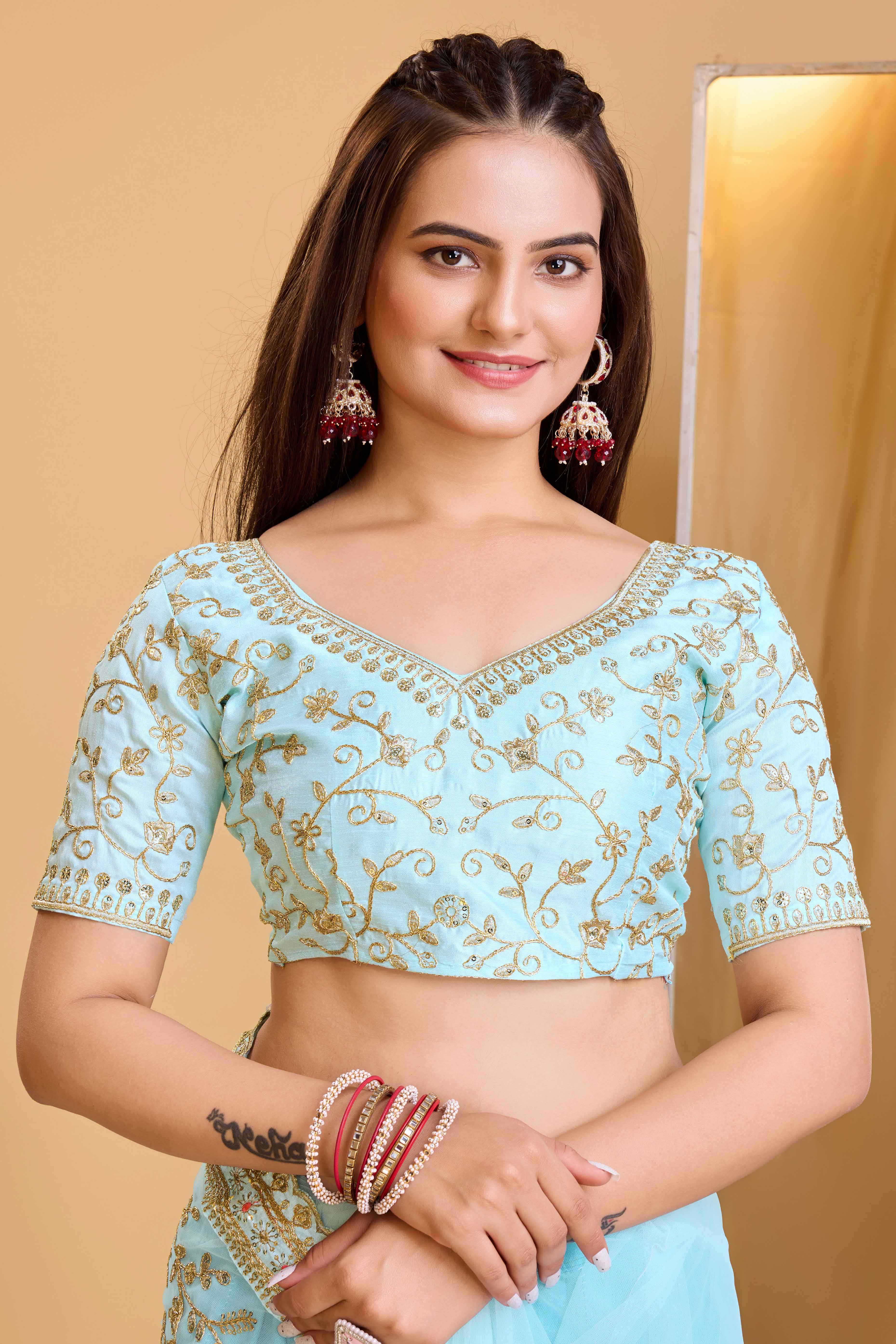 Blue Soft Net Saree With Delicate Floral Embroidery & Shimmering Sequins Work