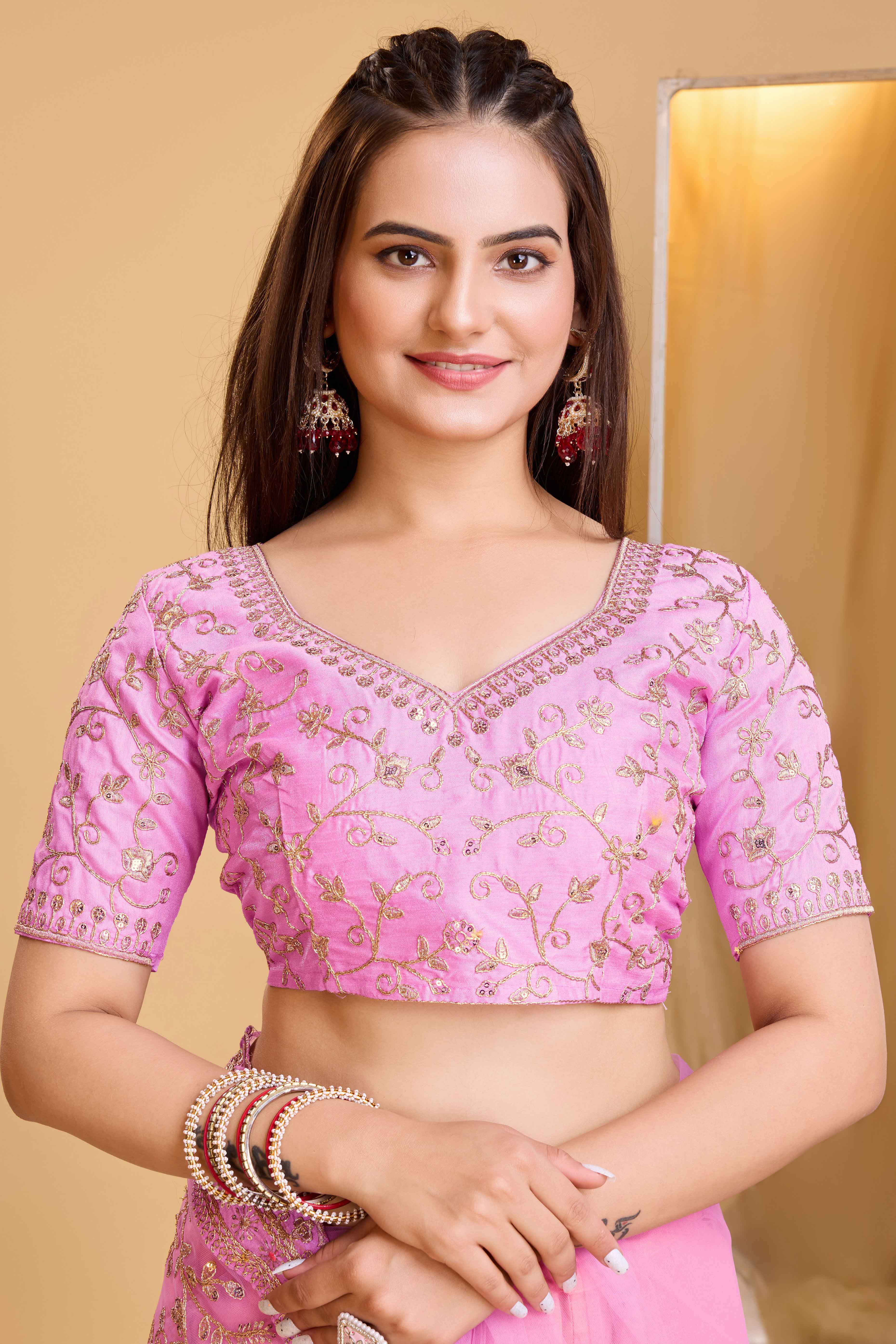 Pink Soft Net Saree With Delicate Floral Embroidery & Shimmering Sequins Work