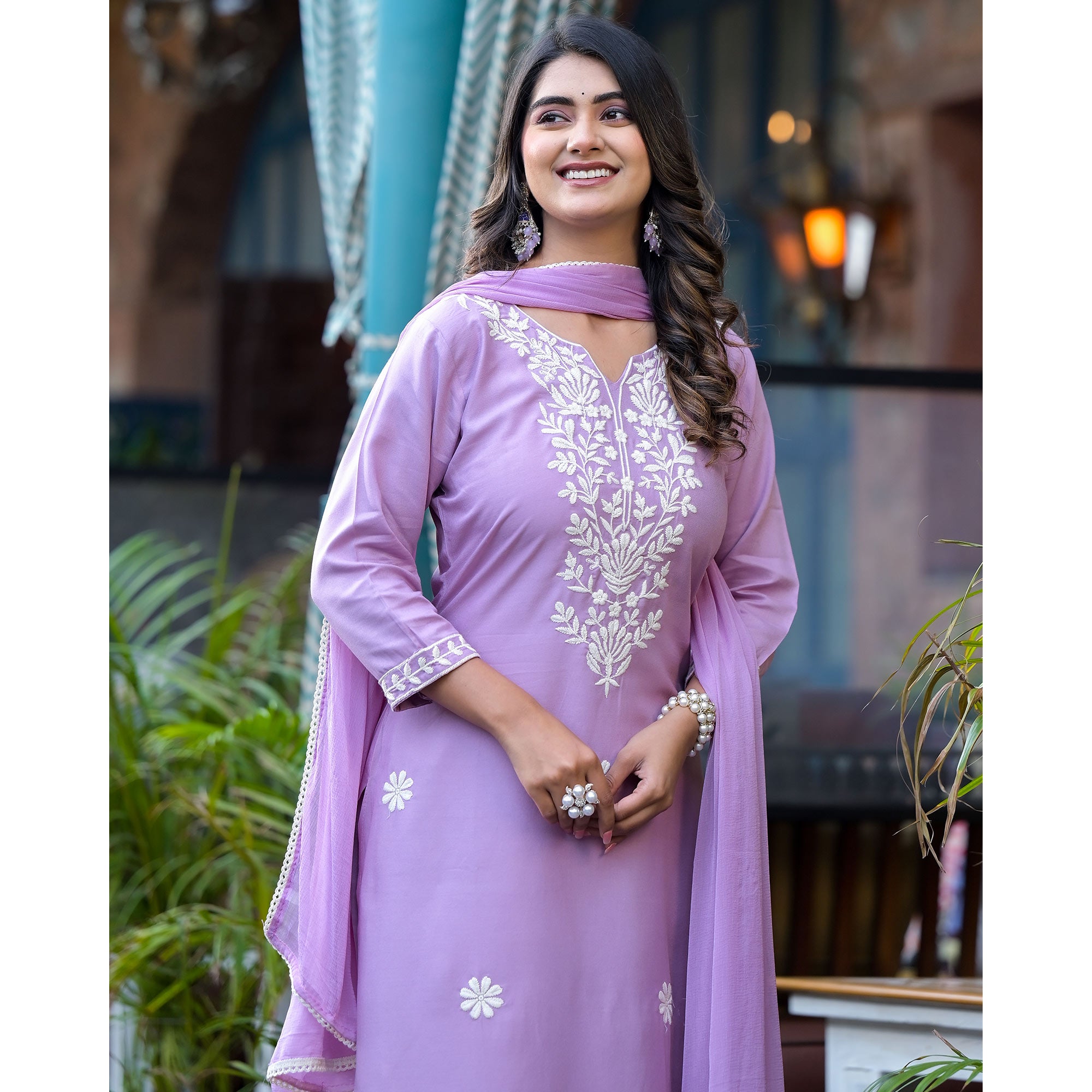 Lavender Lucknowi Embroidered Rayon Salwar Suit