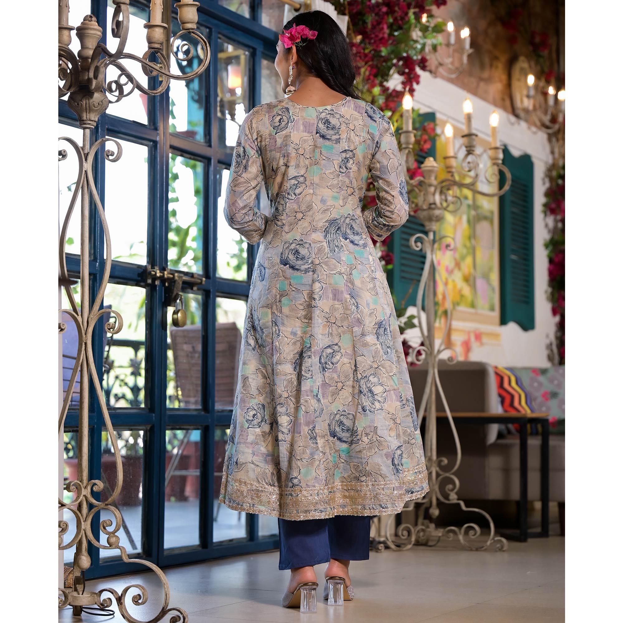 Chikoo & Blue Floral Foil Printed Mulmul Cotton Anarkali Salwar Suit