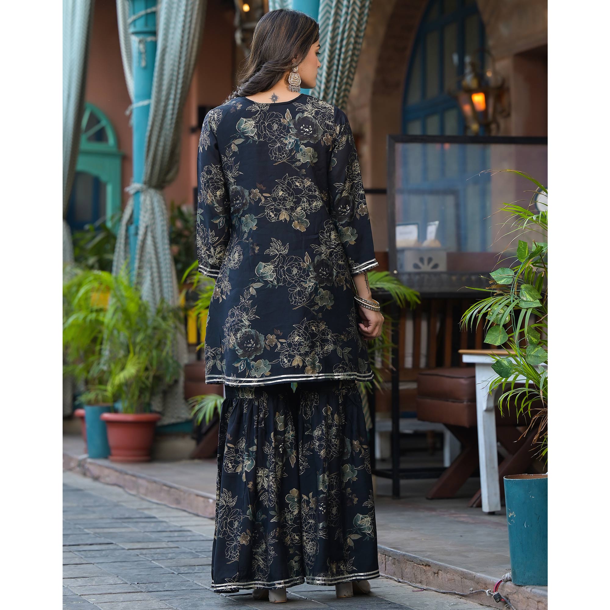Black Floral Embroidered Chanderi Silk Sharara Suit