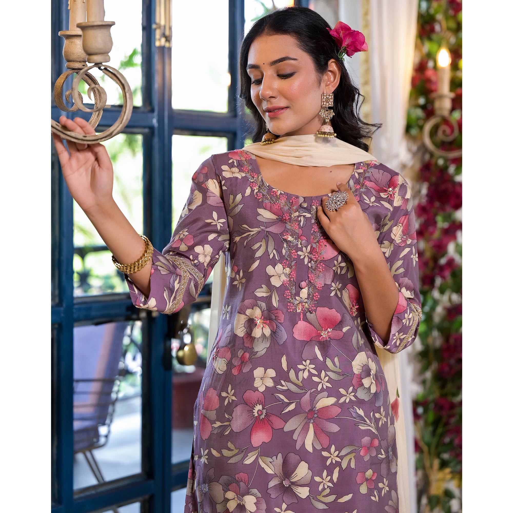 Plum Purple Floral Printed Chanderi Silk Straight Salwar Suit