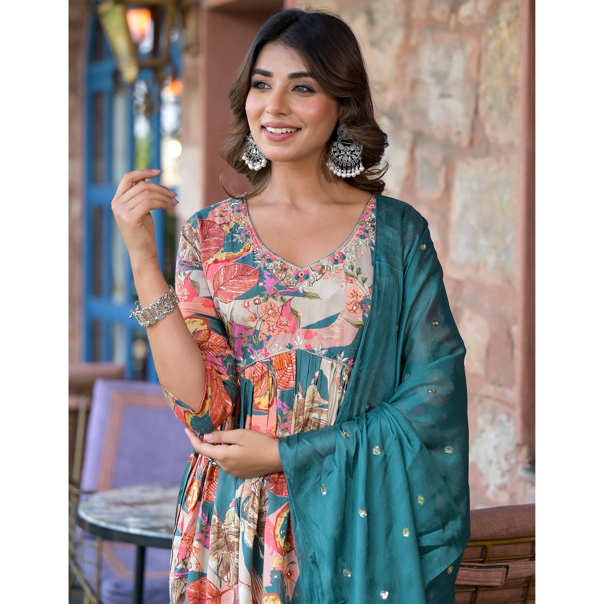 Teal Blue Floral Foil Printed Muslin Alia Cut Salwar Suit With Handcrafted