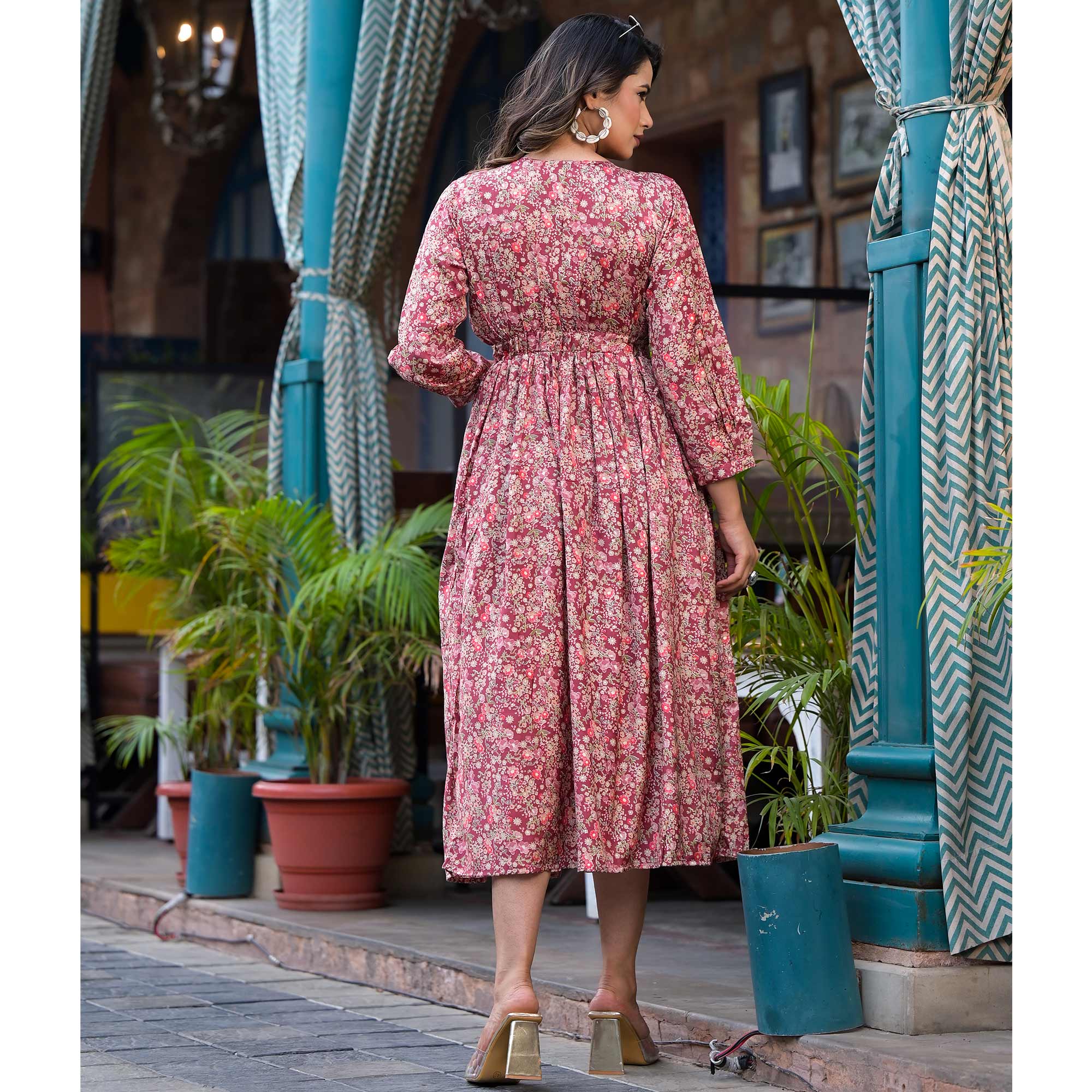 Burgundy Floral Printed Muslin A-line Dress