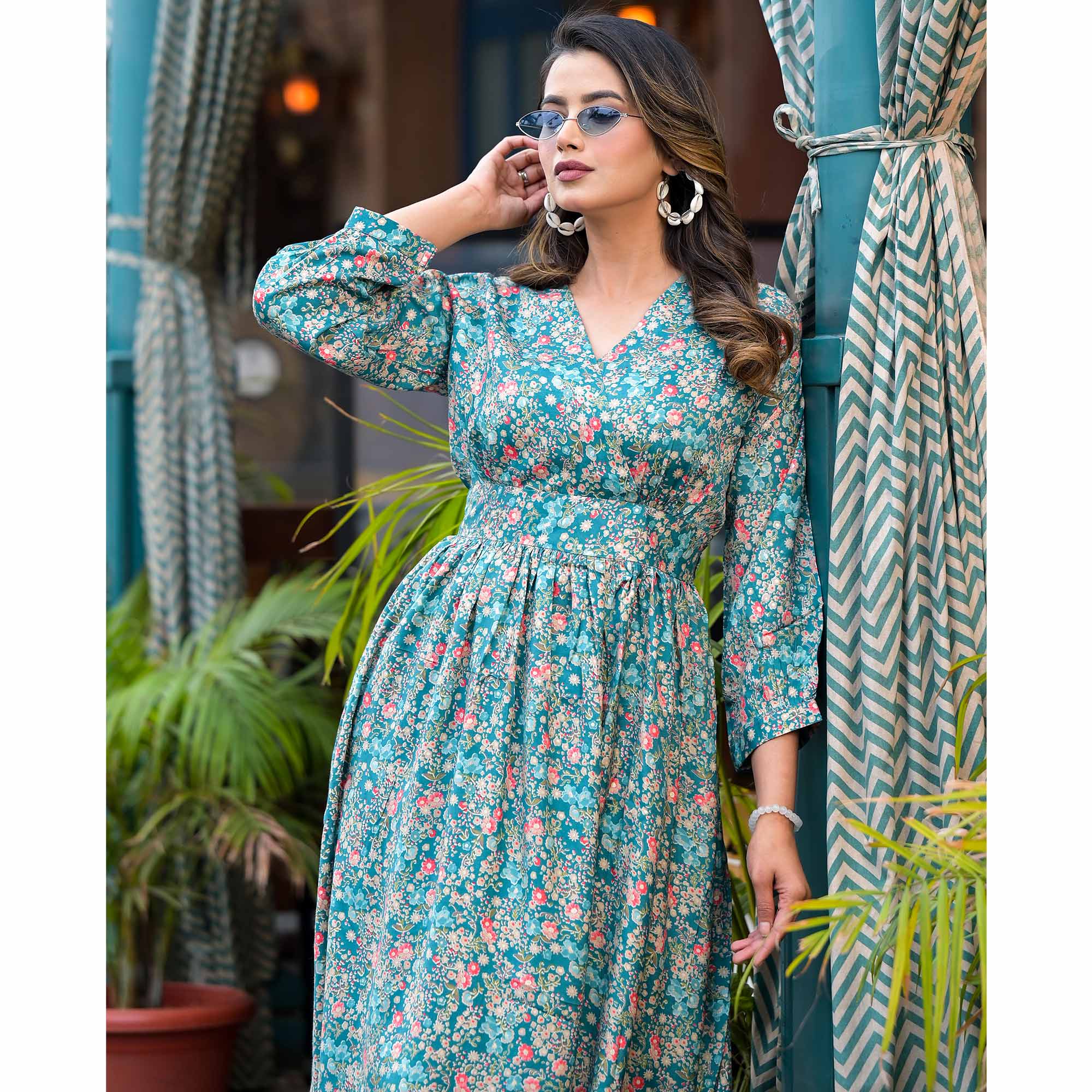 Turquoise Floral Printed Muslin A-line Dress