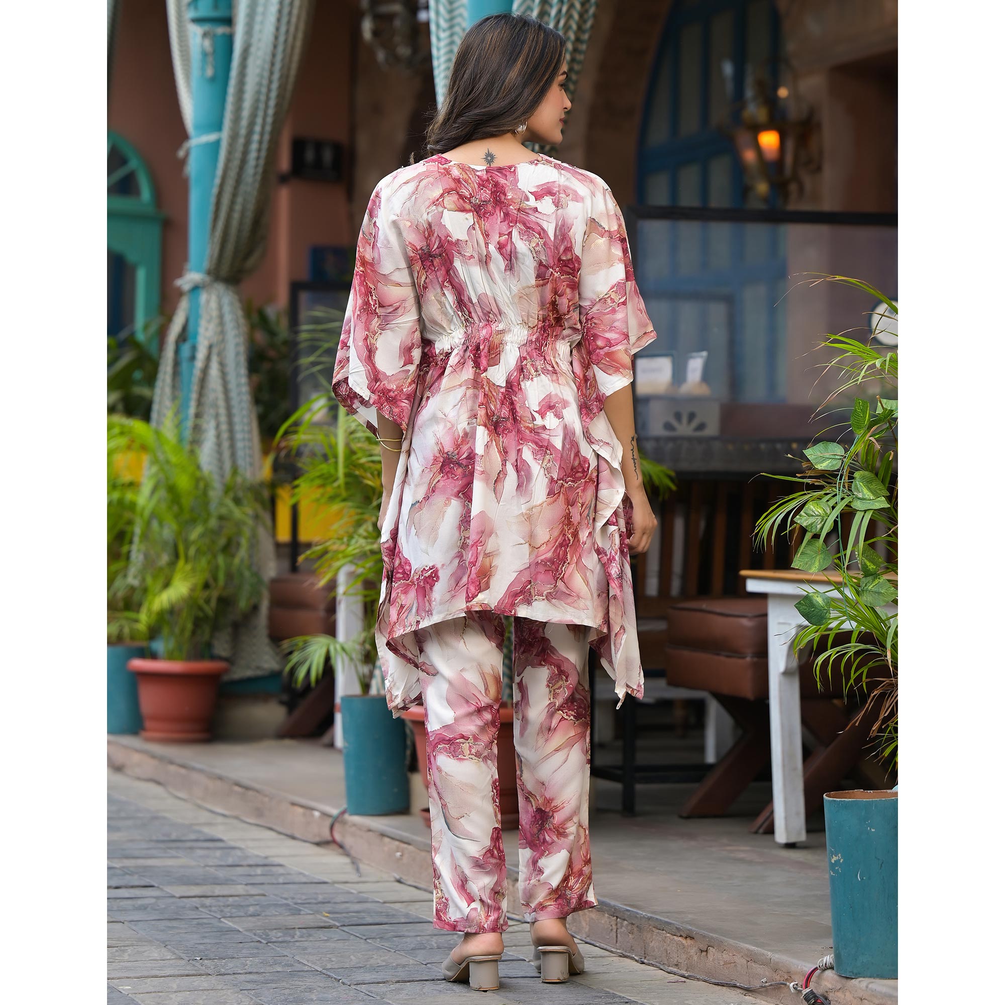 Mauve Foil Printed Rayon Kaftan Co-Ord Set