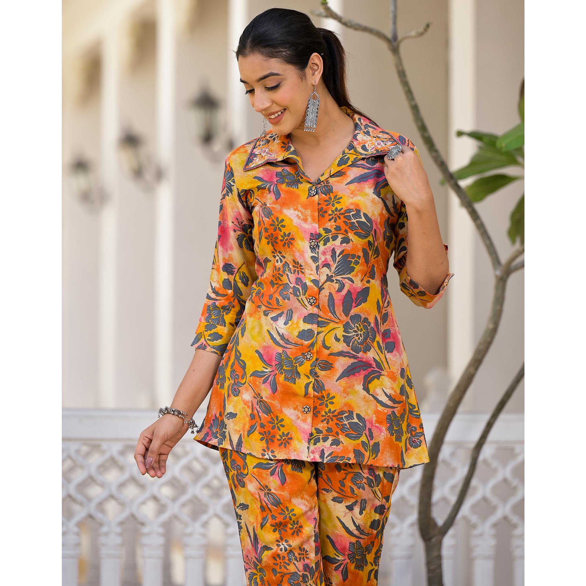 Yellow Floral Foil Printed Chanderi Silk Co Ord Set