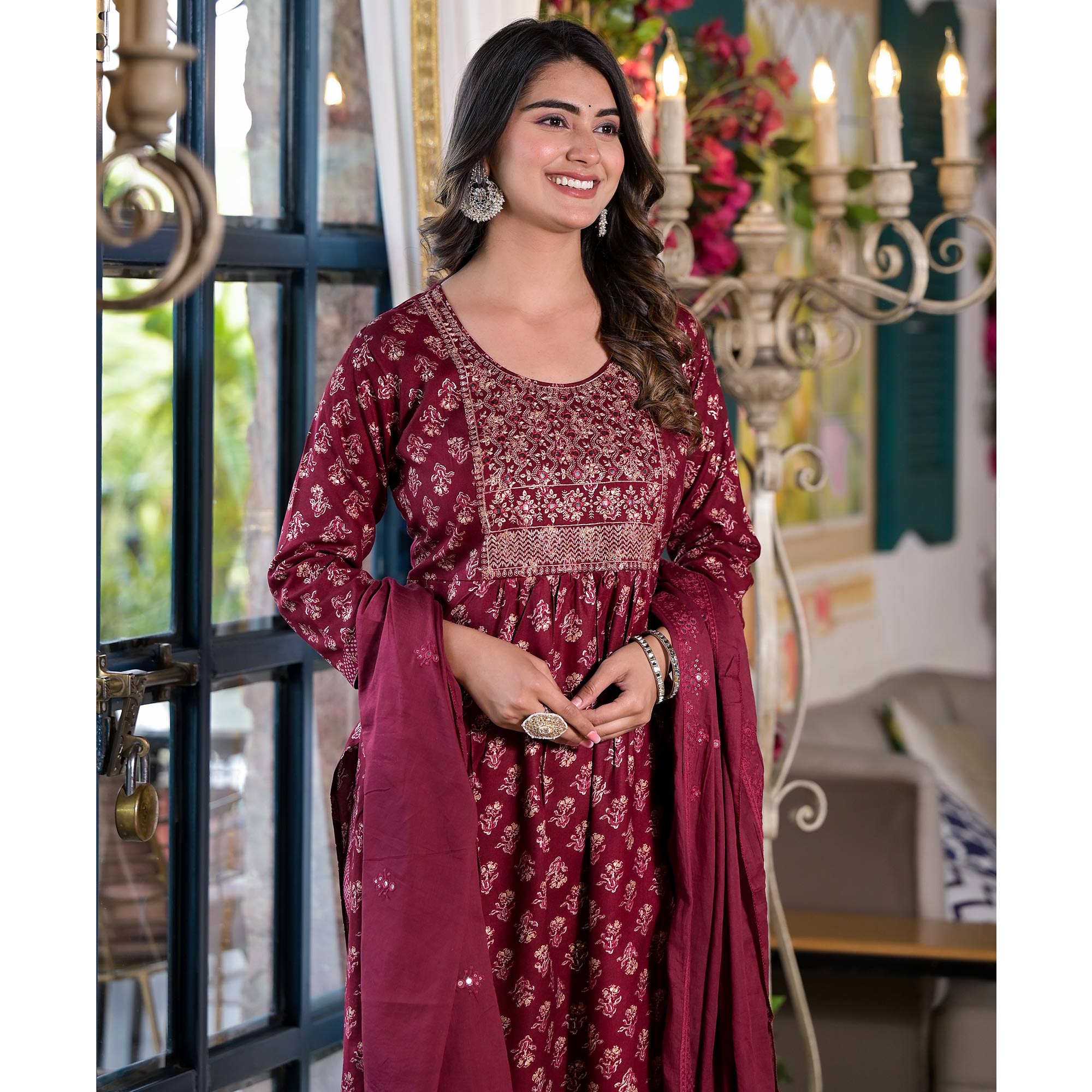 Maroon Floral Naira Cut Rayon Salwar Suit With Mirror Work