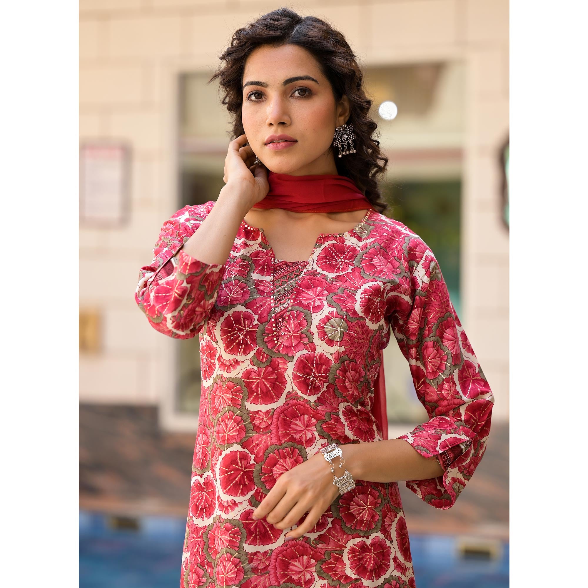 Red Floral Foil Printed Rayon Straight Salwar Suit