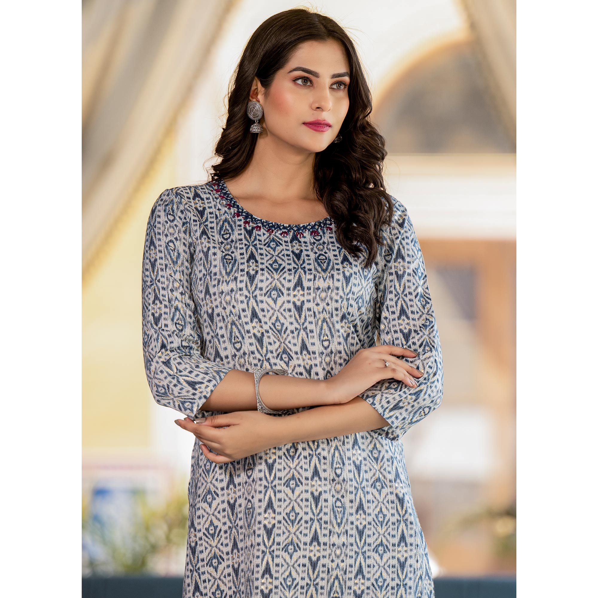 White & Blue Printed Rayon Straight Kurti