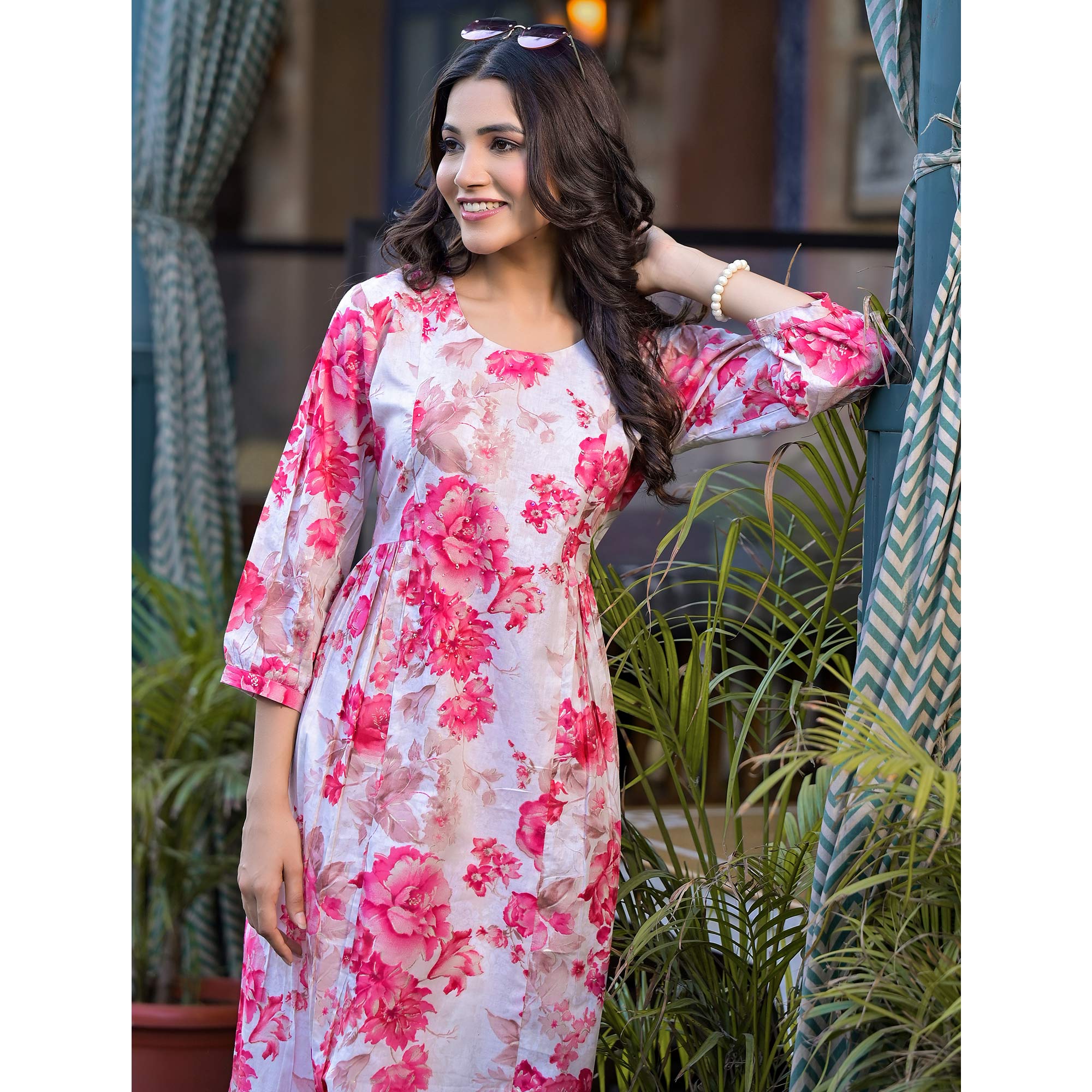 Pink Floral Printed With Beads Work Pure Cotton Maxi Dress