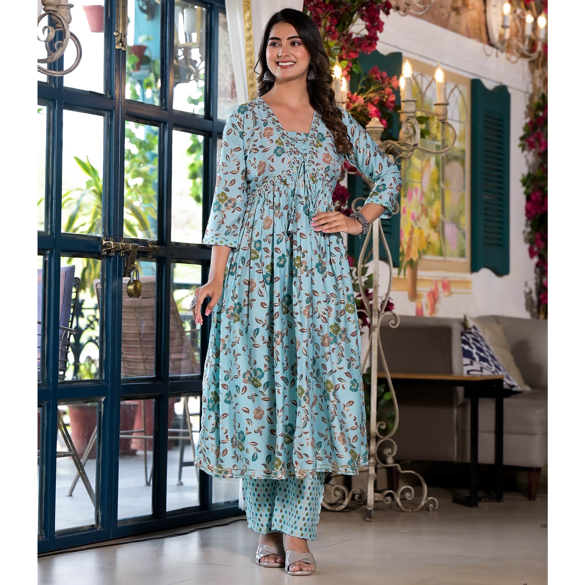 Turquoise Floral Alia Cut Chanderi Silk Salwar Suit With Zardosi Work