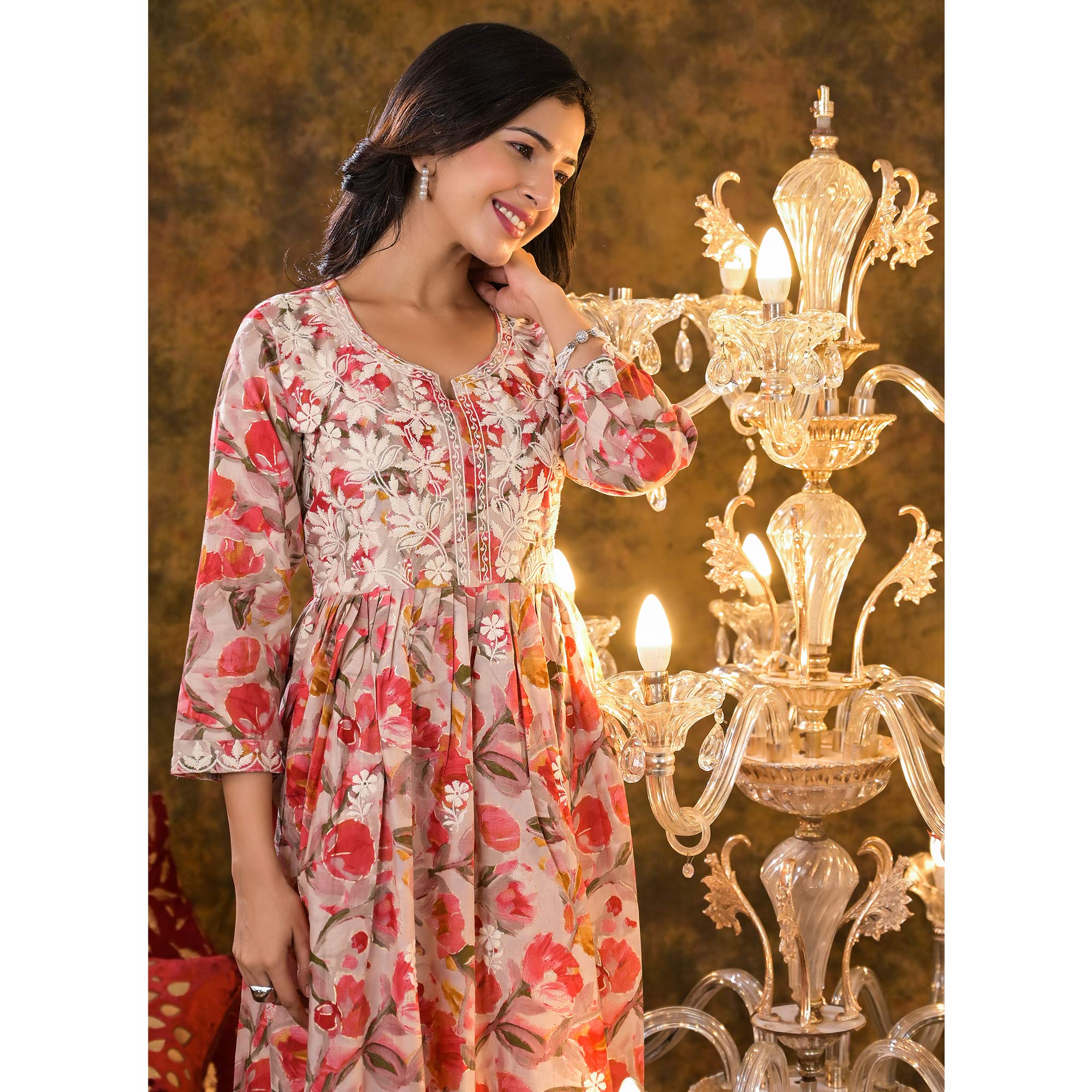 Peach Floral Printed Naira Cut Cambric Cotton Kurti