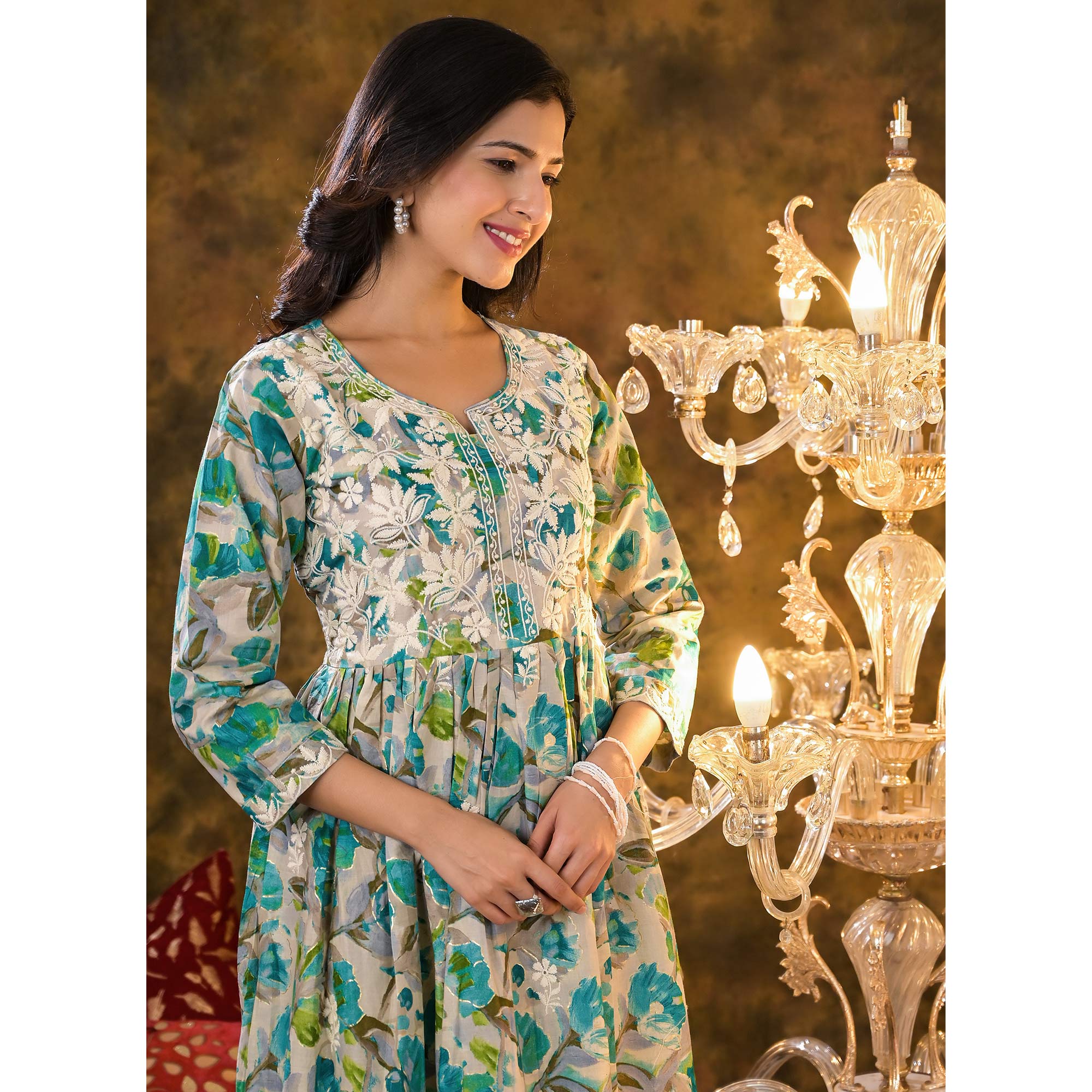 Turquoise Floral Printed Naira Cut Cambric Cotton Kurti