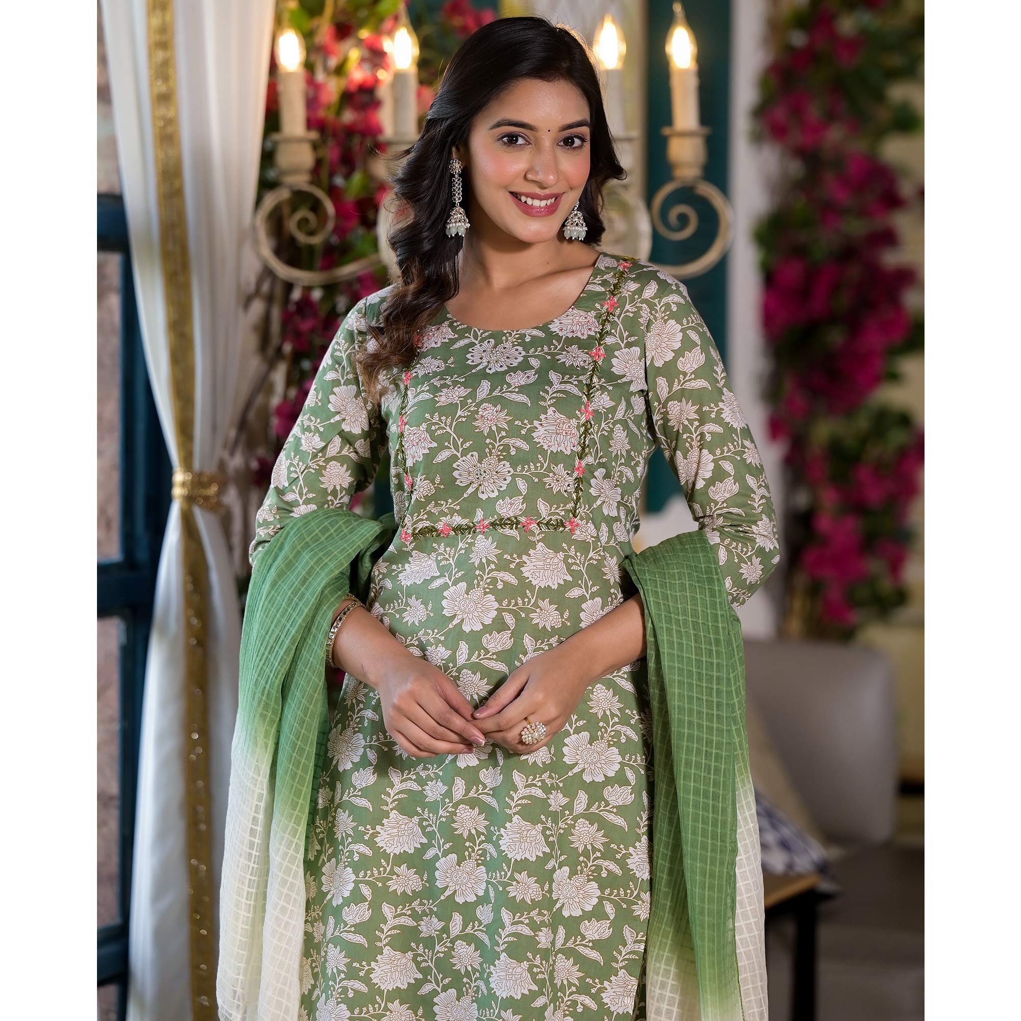 Pista Green Floral Printed Pure Cotton Salwar Suit