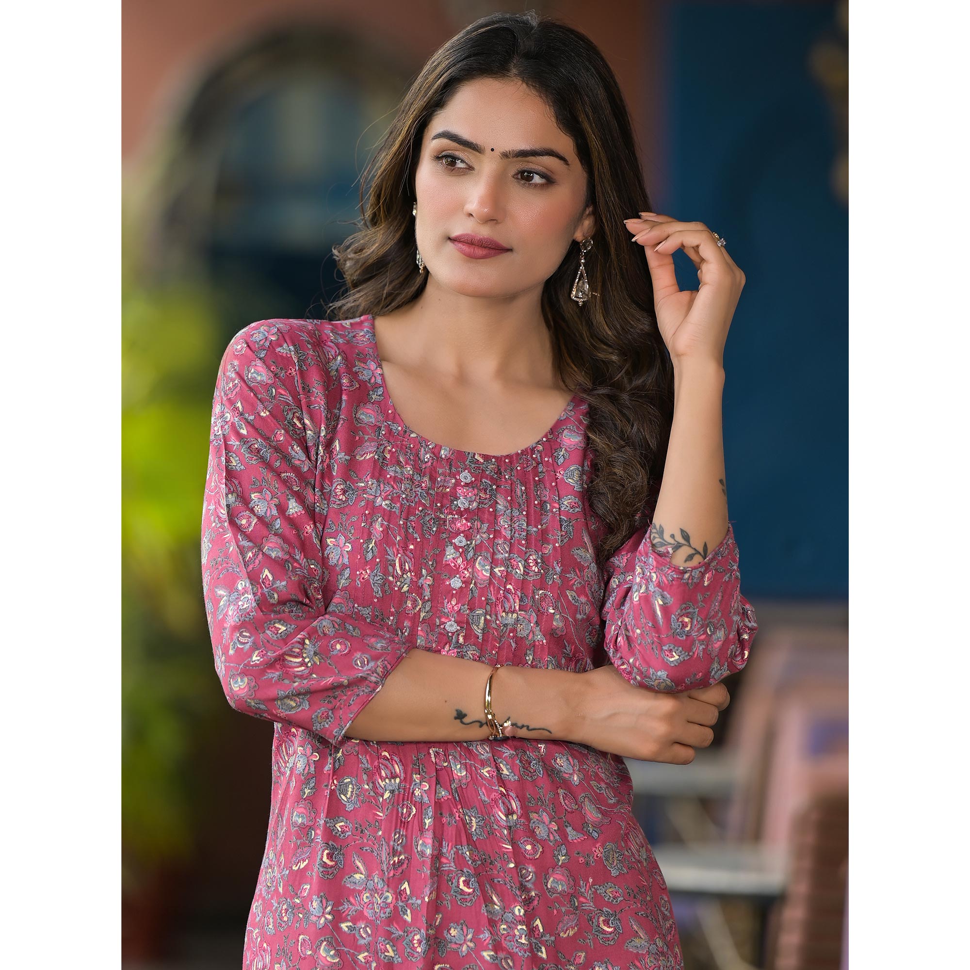 Pink Floral Printed Rayon Straight kurti