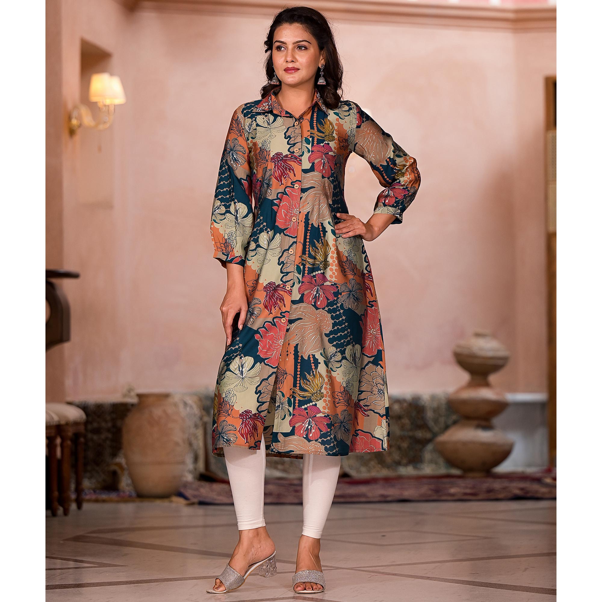 Green Floral Printed Chanderi Silk A-Line Dress