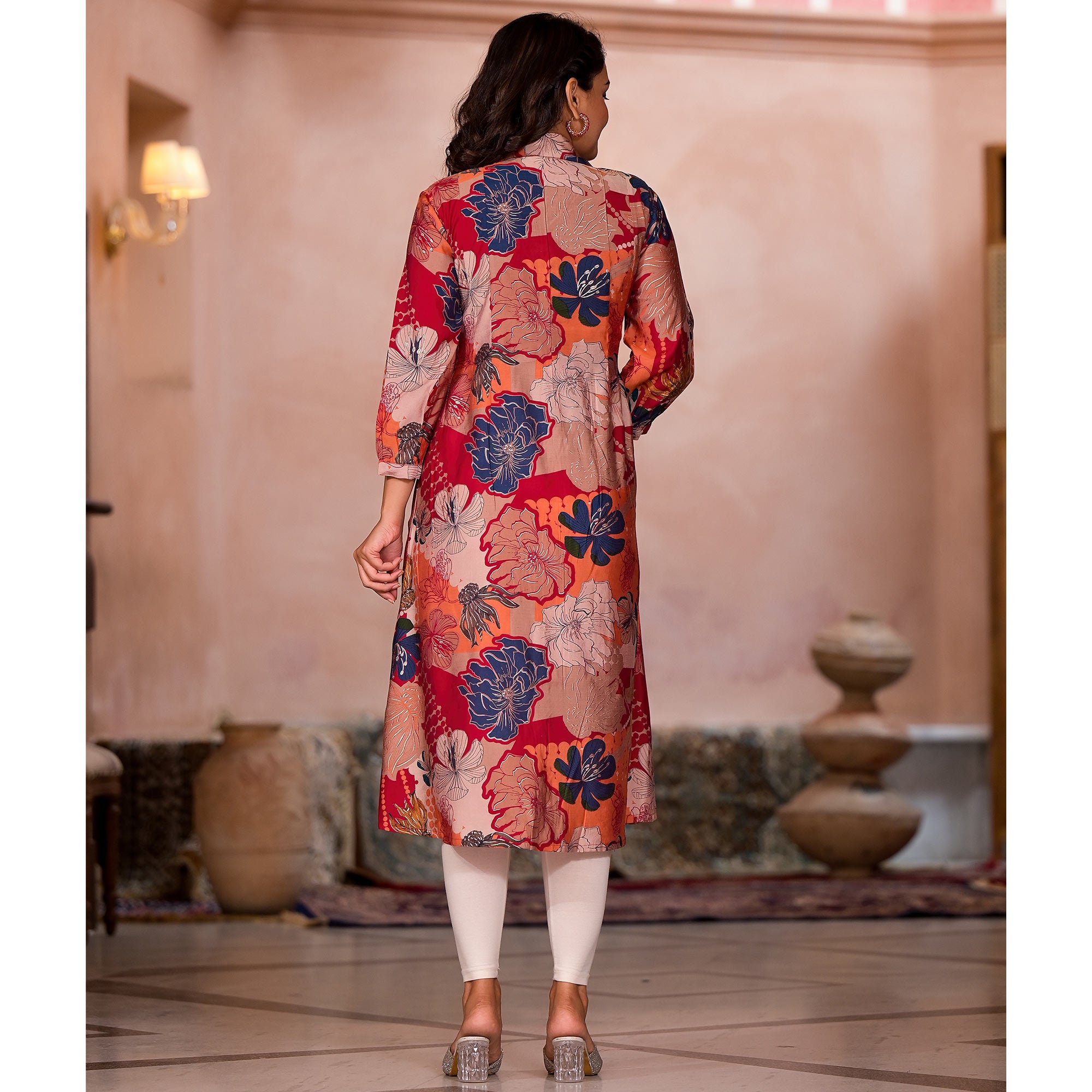 Rani Pink Floral Printed Chanderi Silk A-Line Dress