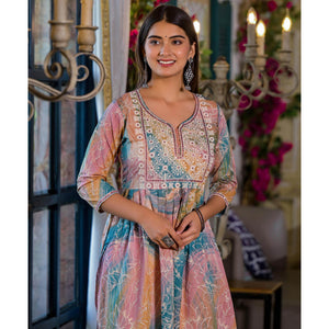 Peach Printed Cambric Cotton Naira Cut Kurti