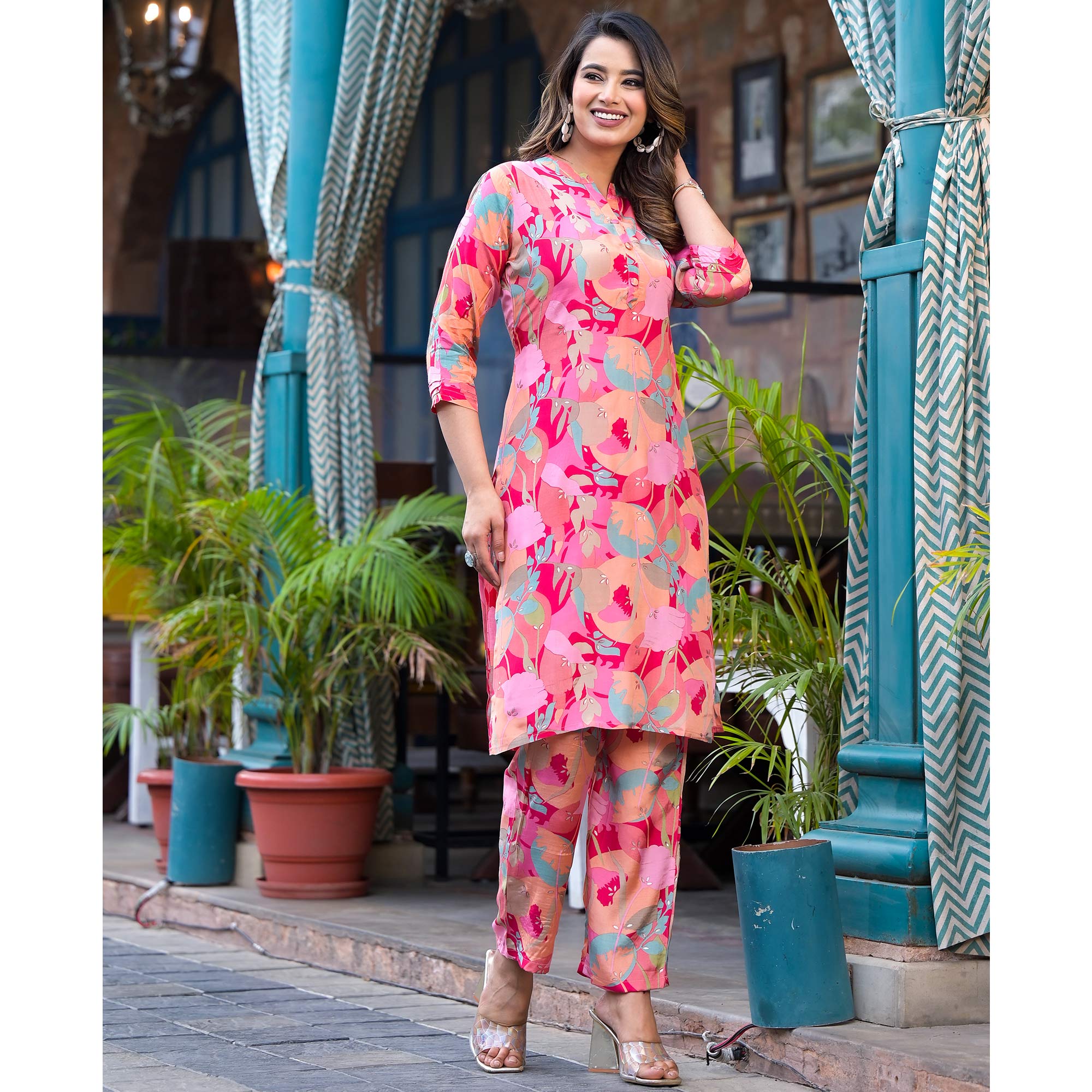 Pink Floral Foil Printed Muslin Co Ord Set