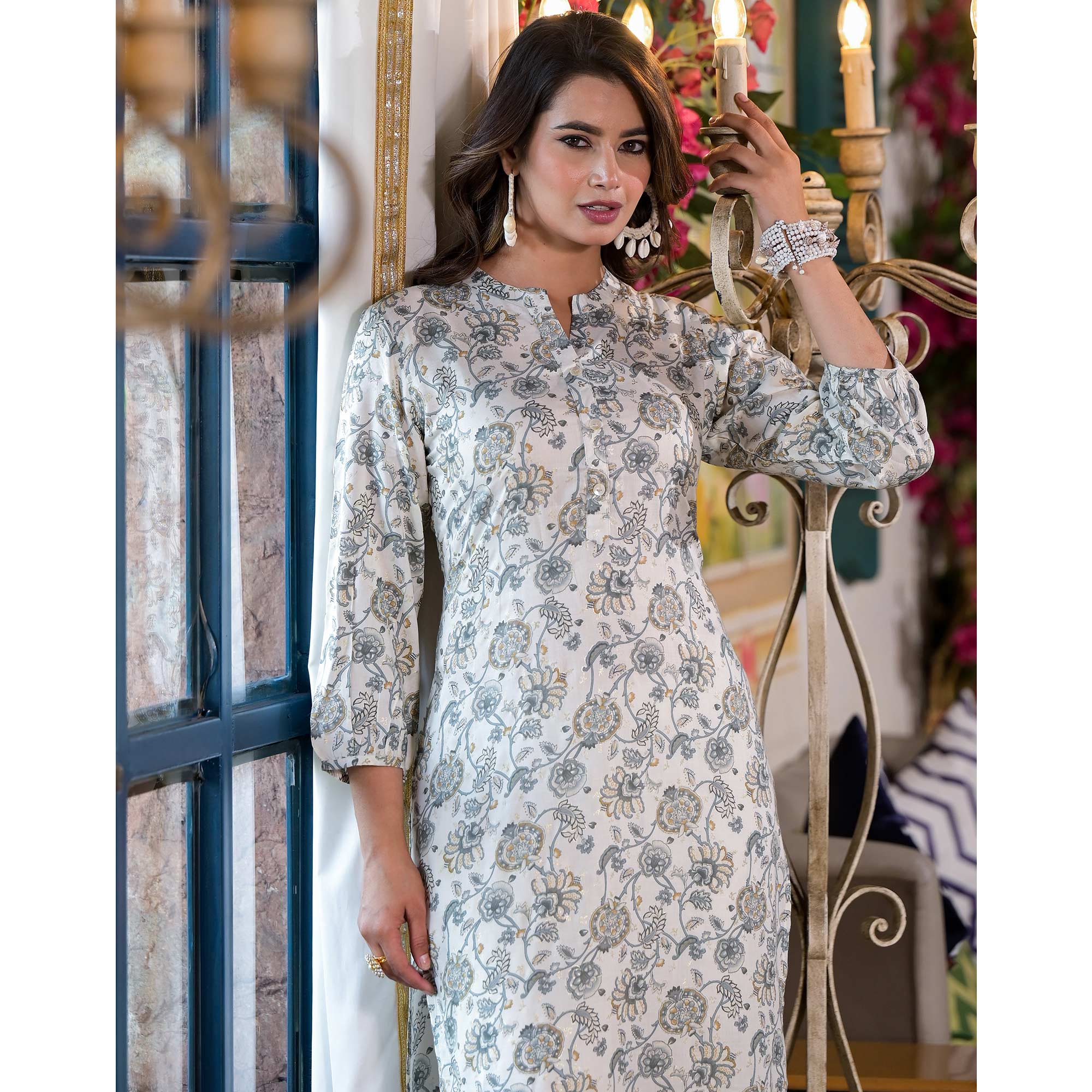 Grey Floral Foil Printed Chanderi Silk Kurti