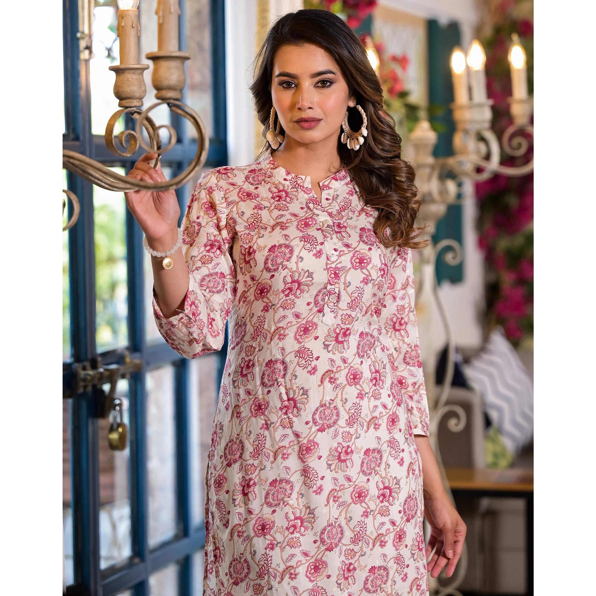 Wine Floral Foil Printed Chanderi Silk Kurti