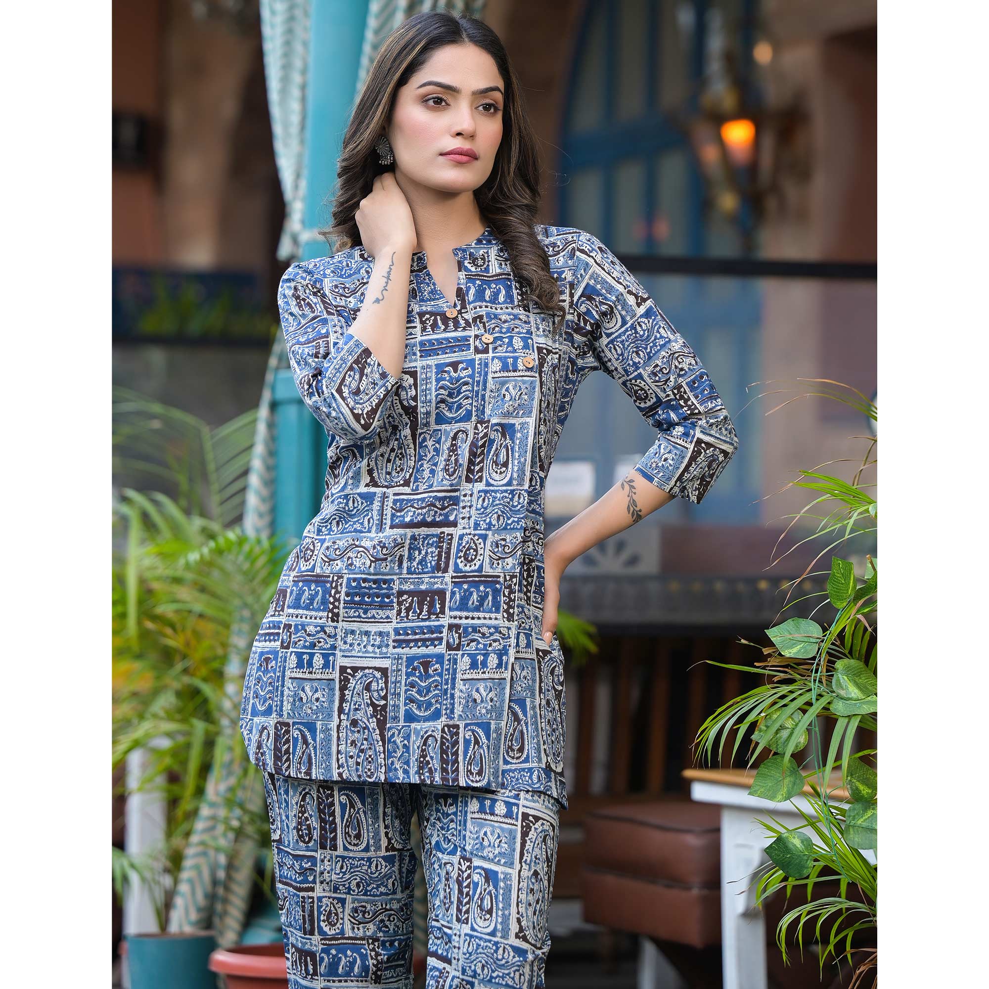 Blue Printed Pure Cotton Angrakha Co-Ord Set