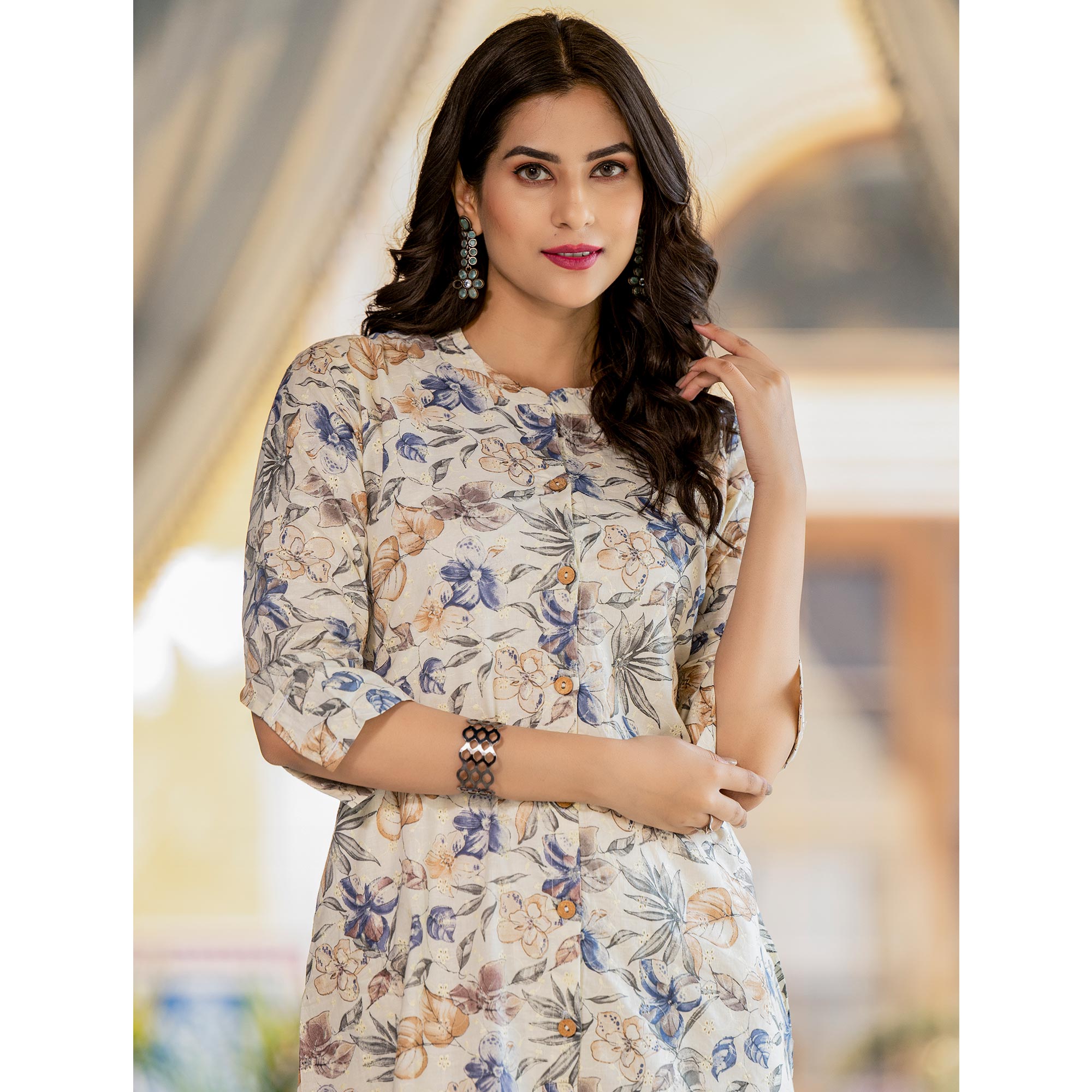 Cream & Blue Floral Printed Pure Cotton Shifley Dress