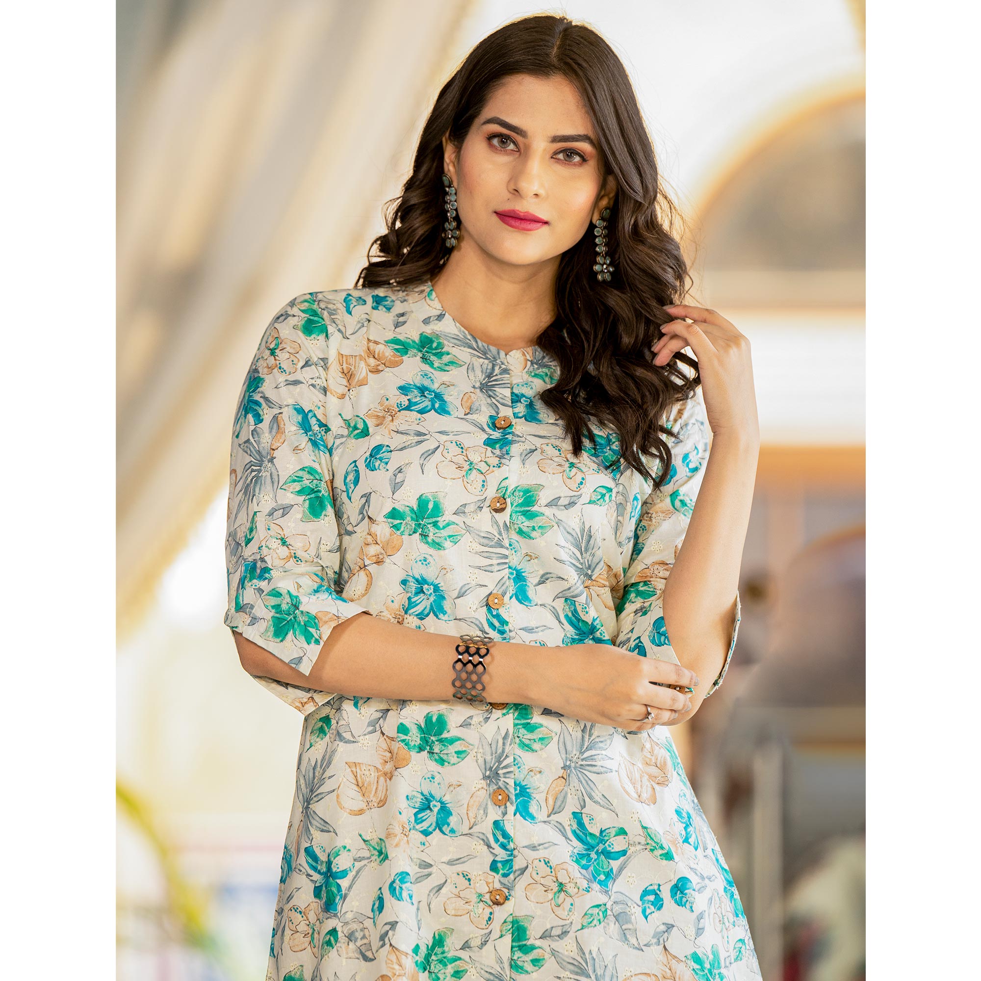 Cream & Green Floral Printed Pure Cotton Shifley Dress