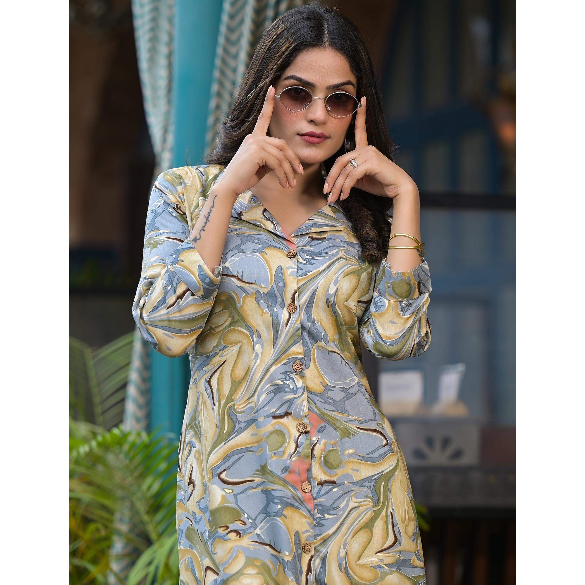 Grey Foil Printed Rayon Co-Ord Set