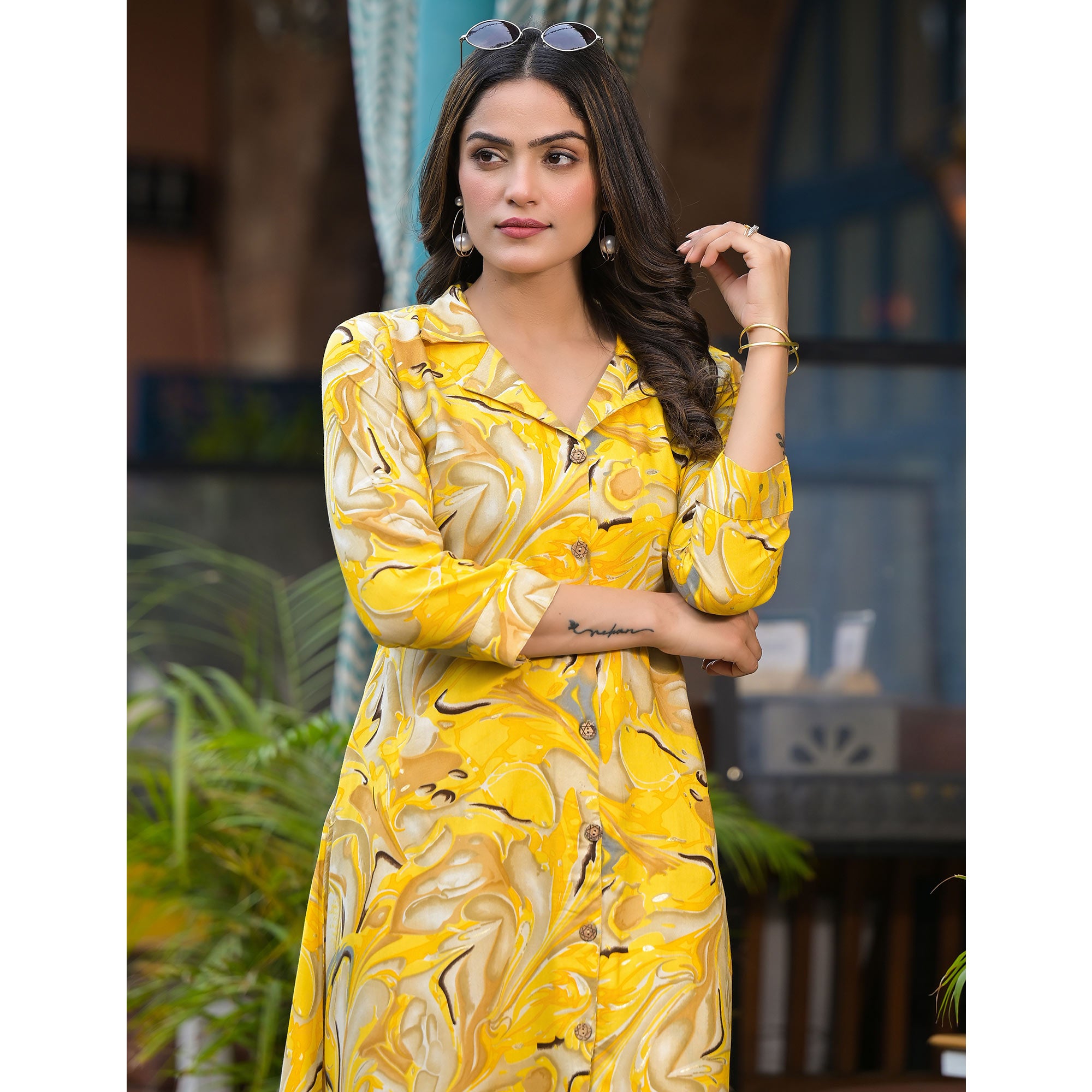 Yellow Foil Printed Rayon Co-Ord Set