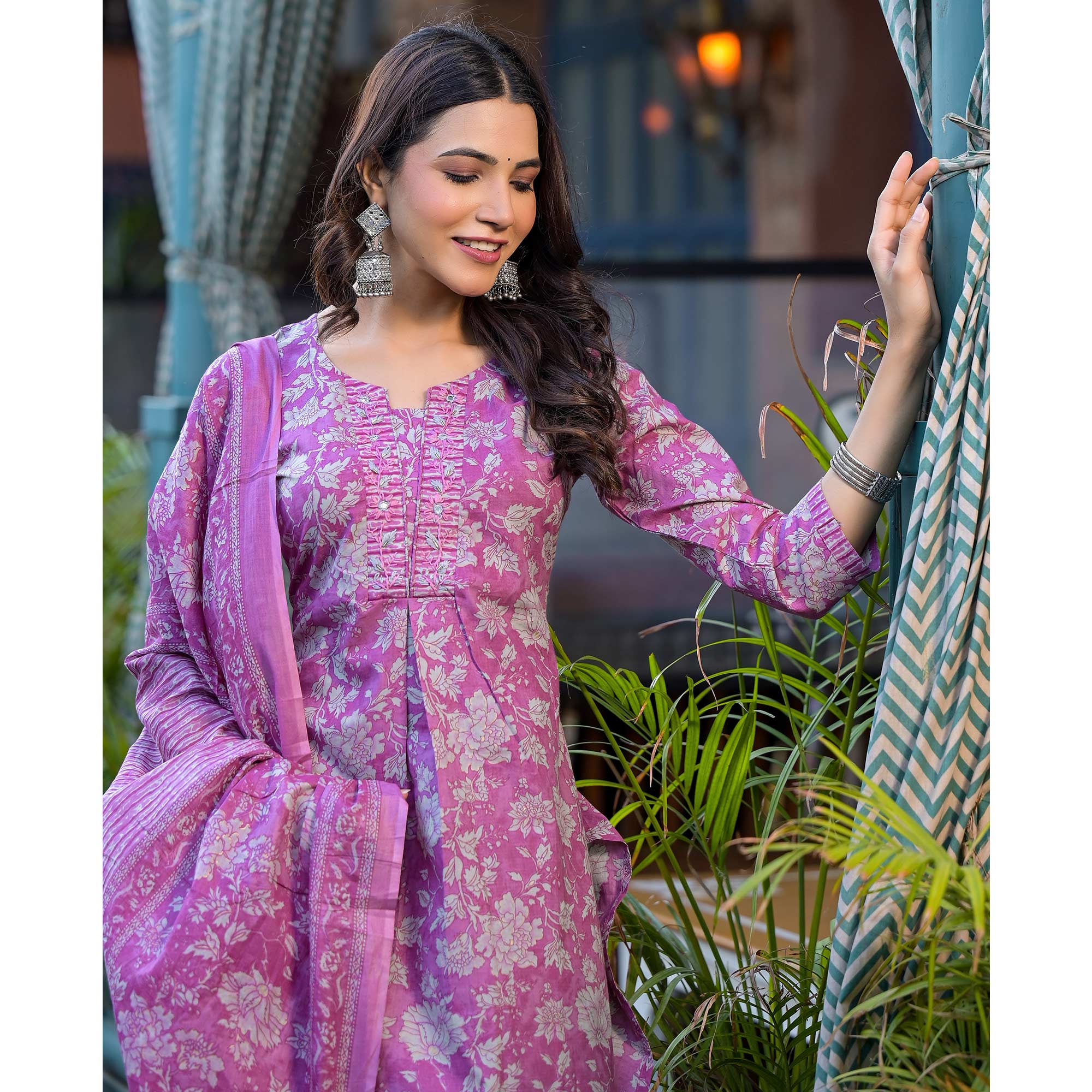 Purple Floral Printed With Katha Work Pure Cotton Straight Salwar Suit