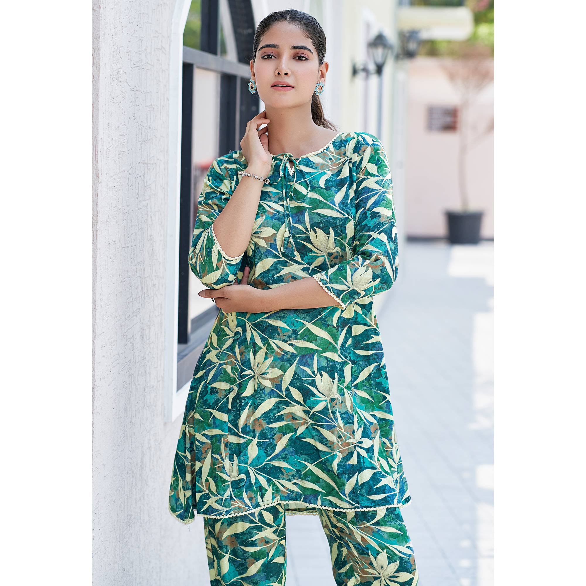 Green Floral Printed Rayon Co-Ord Set