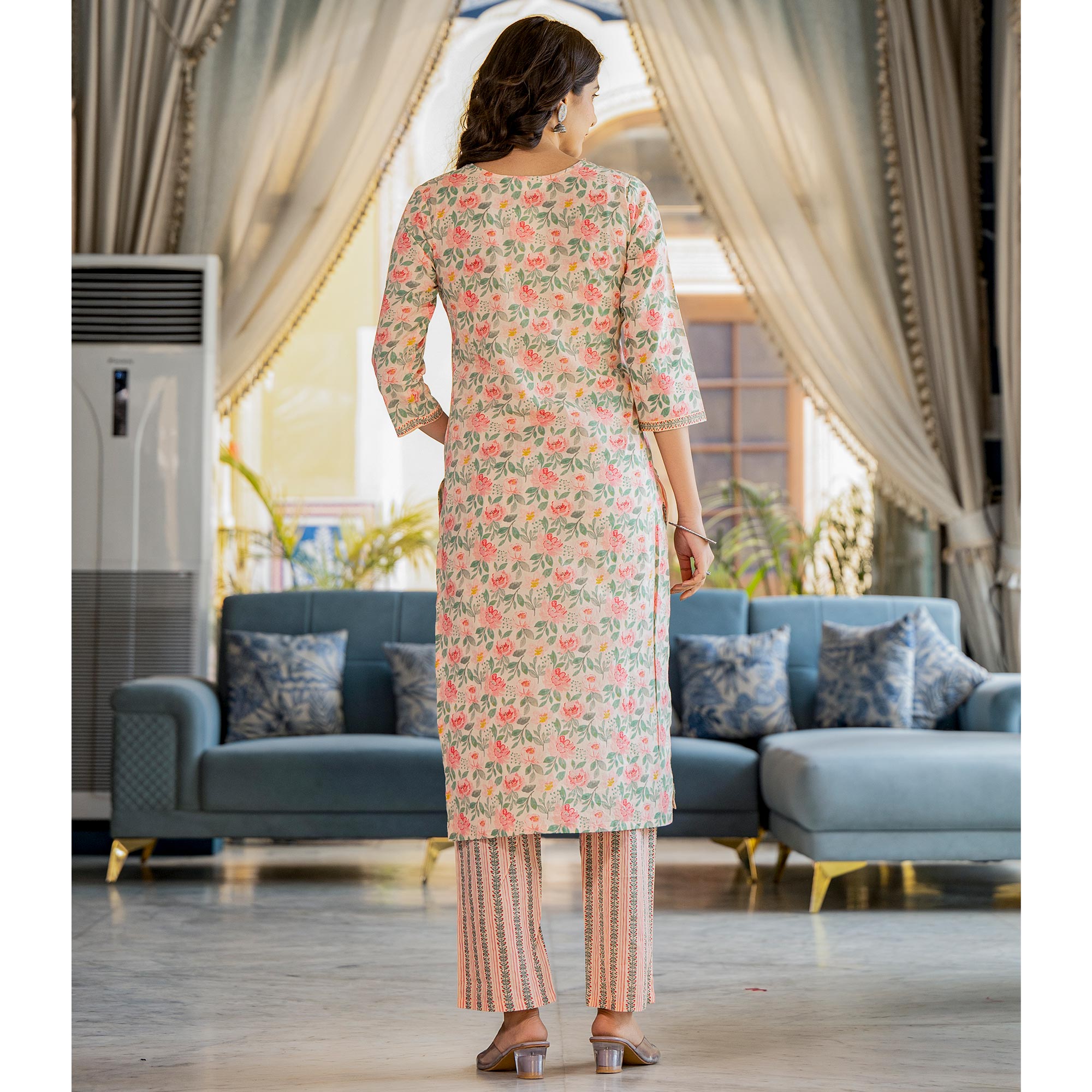 Peach Floral Printed Pure Cotton Salwar Suit