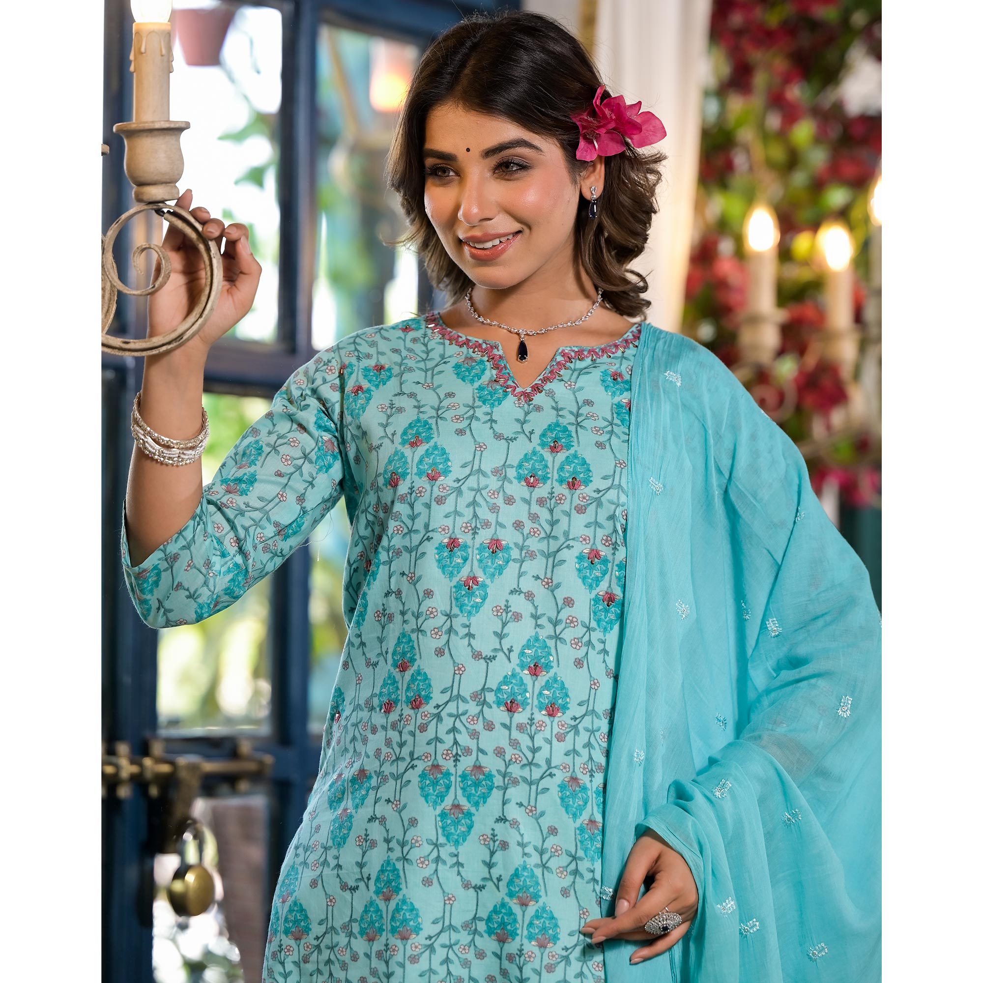 Sky Blue Floral Printed Mulmul Cotton Straight Salwar Suit