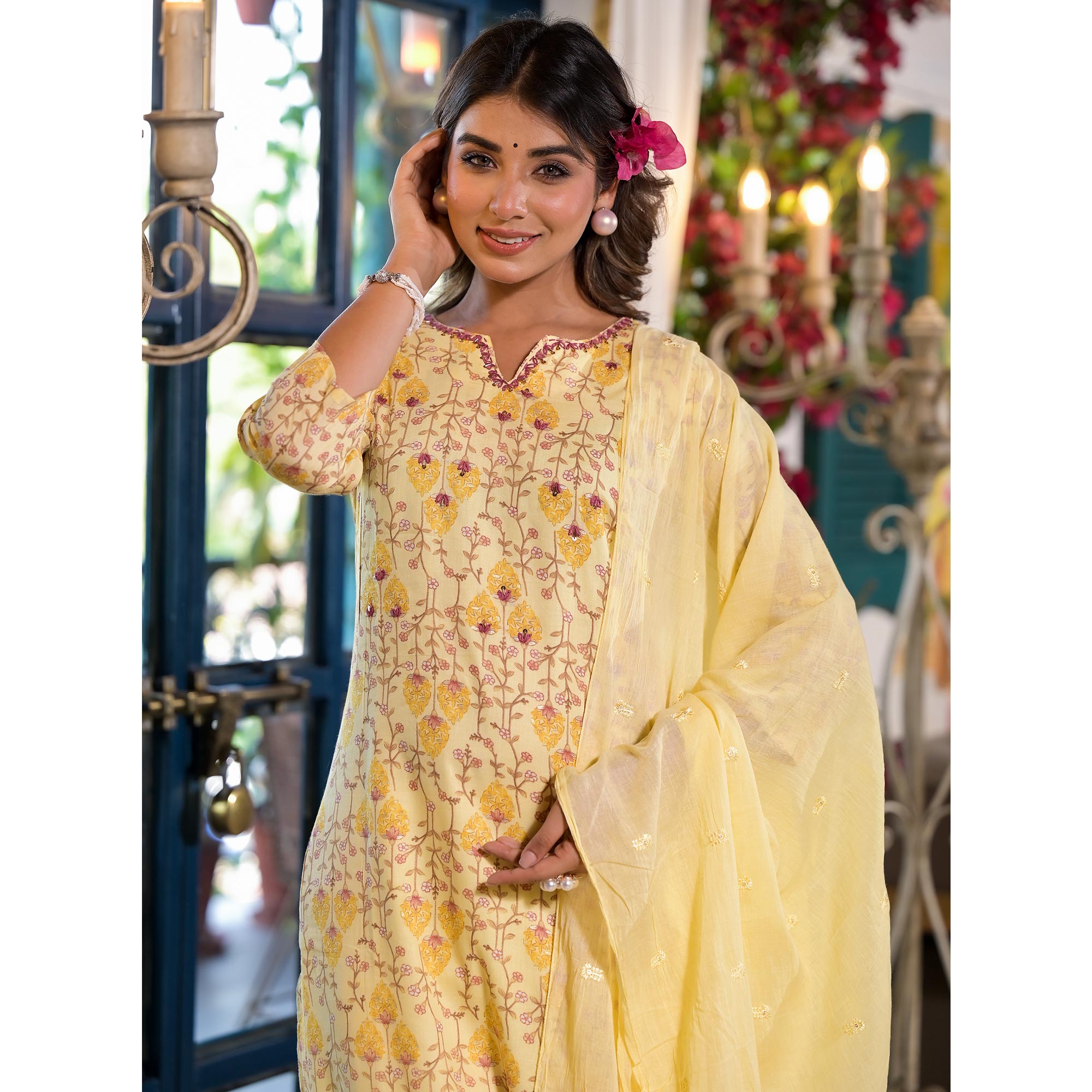 Yellow Floral Printed Mulmul Cotton Straight Salwar Suit