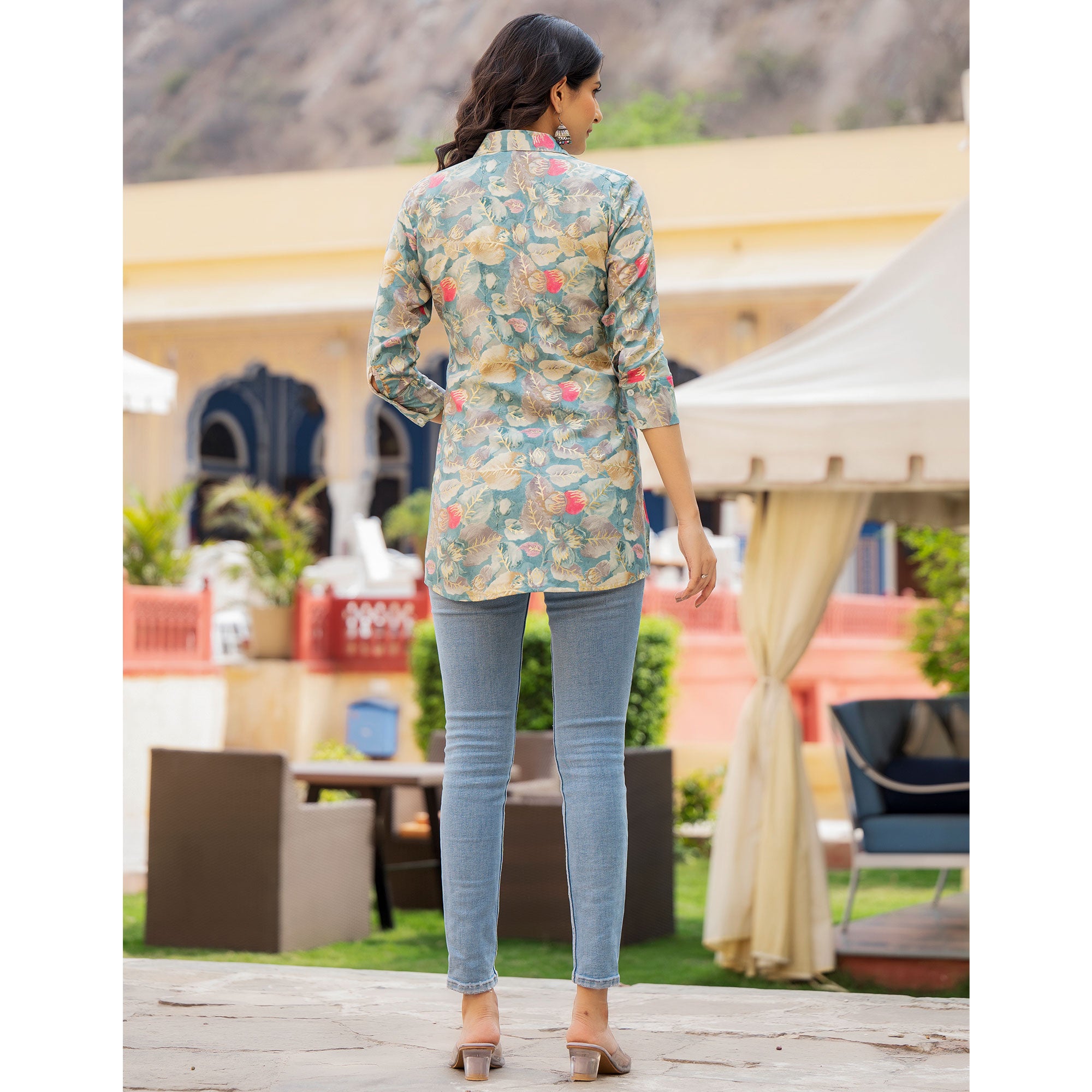 Blue Floral Printed Rayon Top