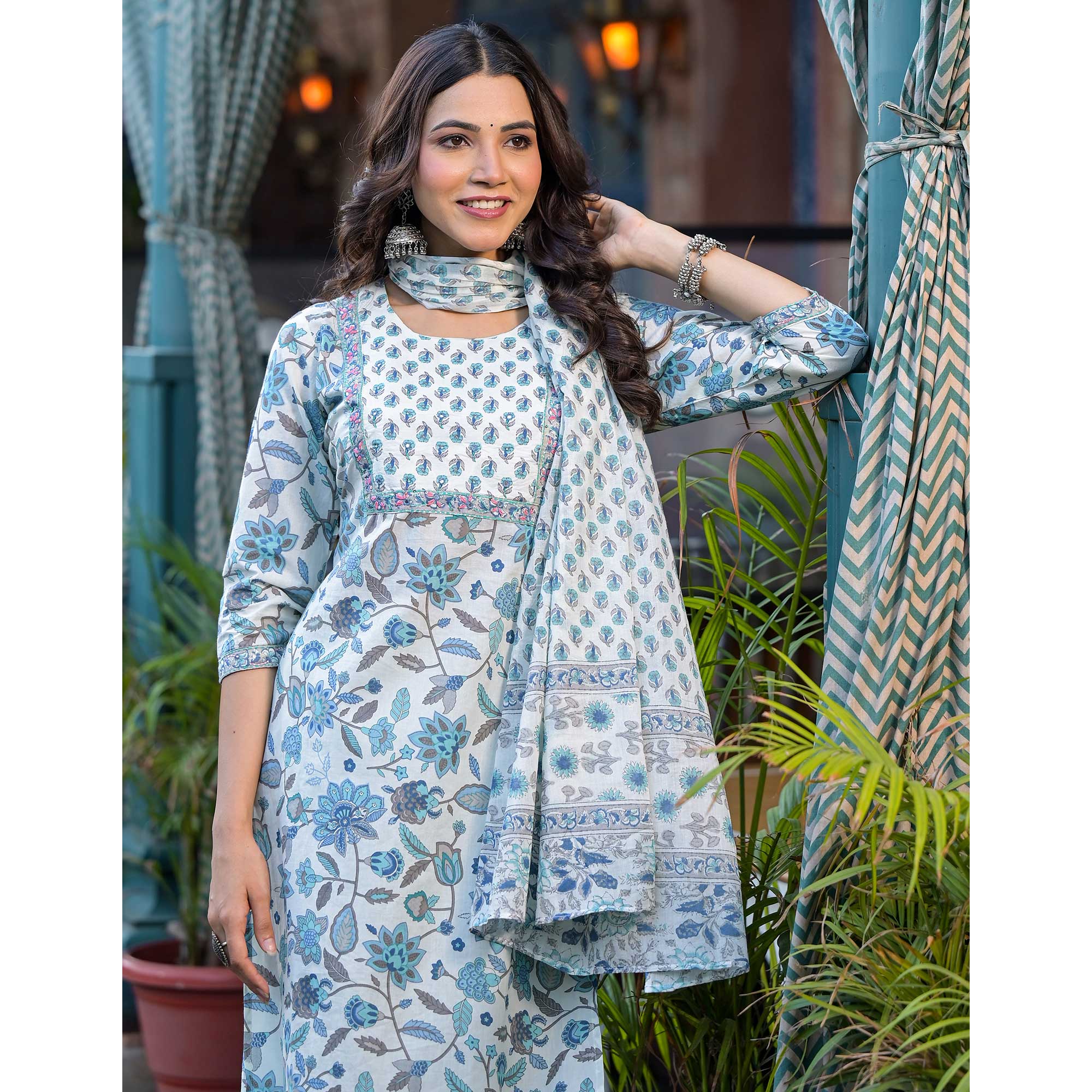 White & Blue Floral Printed Pure Cotton Salwar Suit