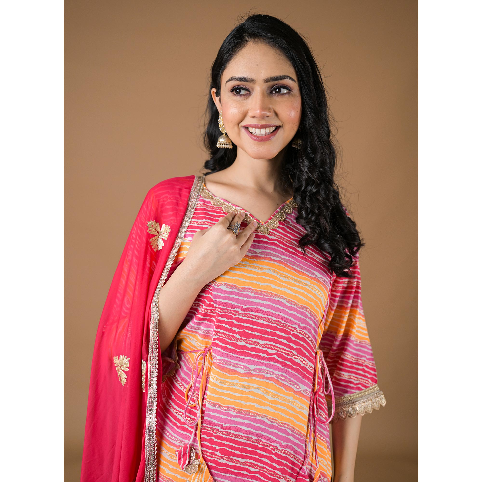 Pink Leheriya Printed Rayon A-line Salwar Suit