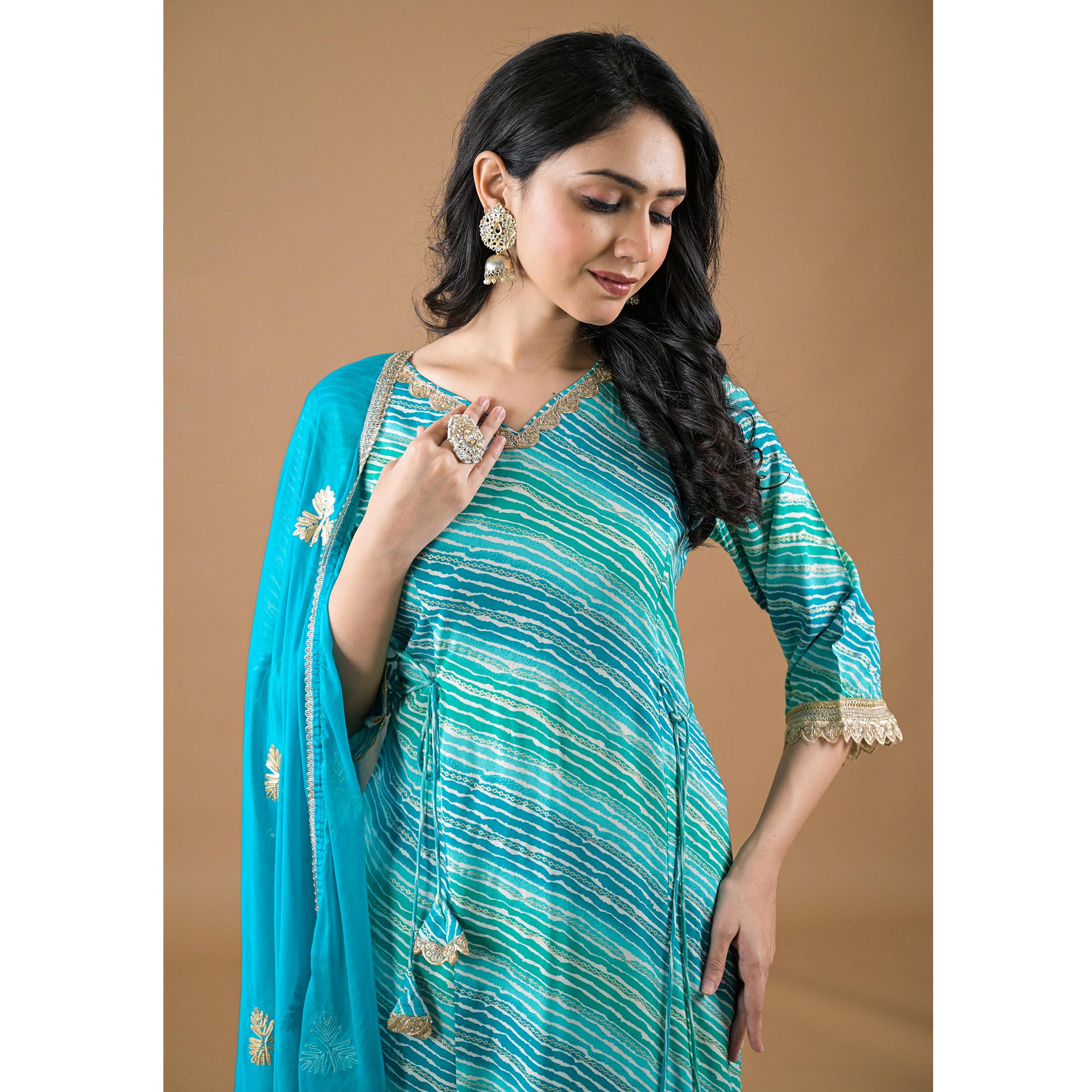 Turquoise Leheriya Printed Rayon A-line Salwar Suit