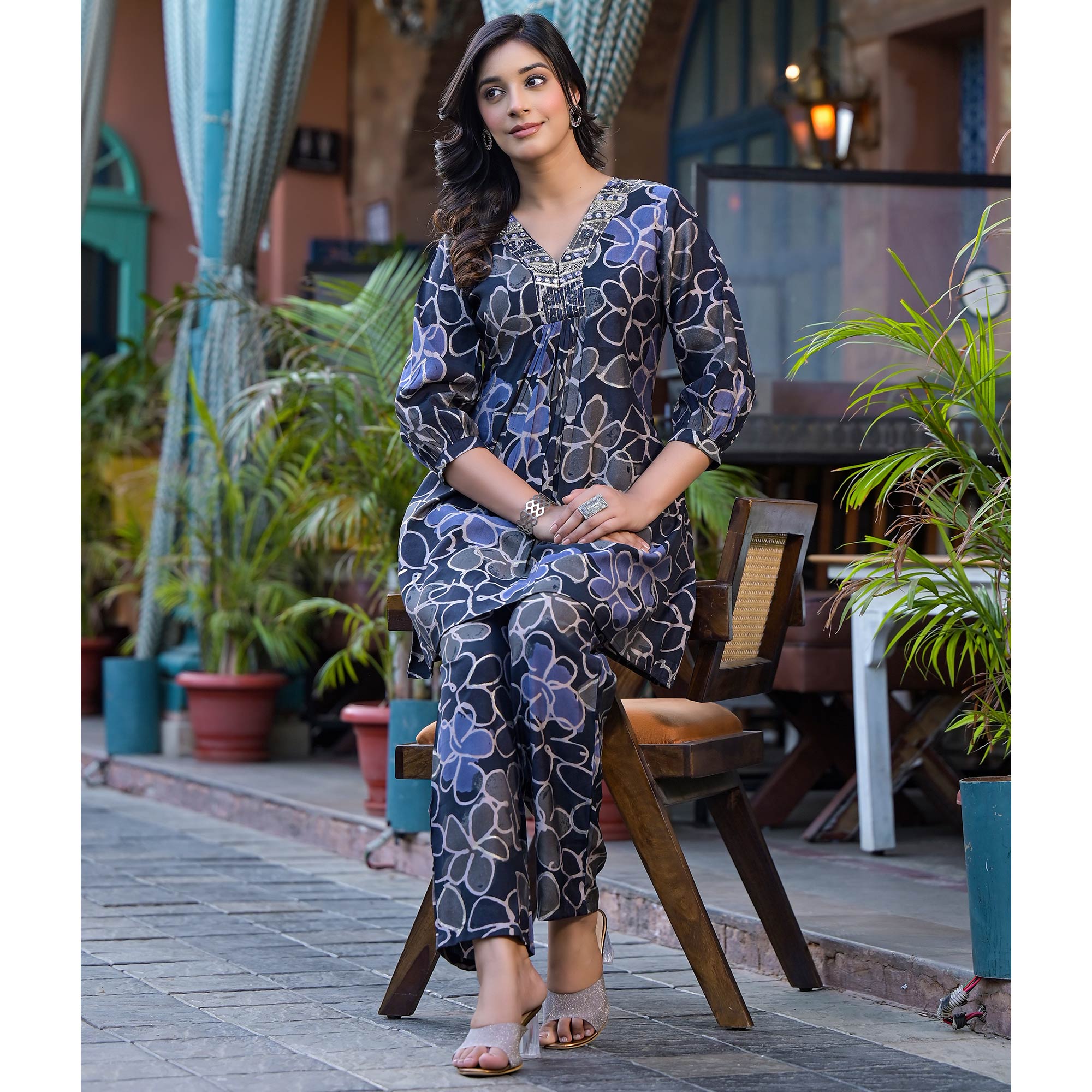 Denim Blue Floral Printed Chanderi Silk Co-Ord Set