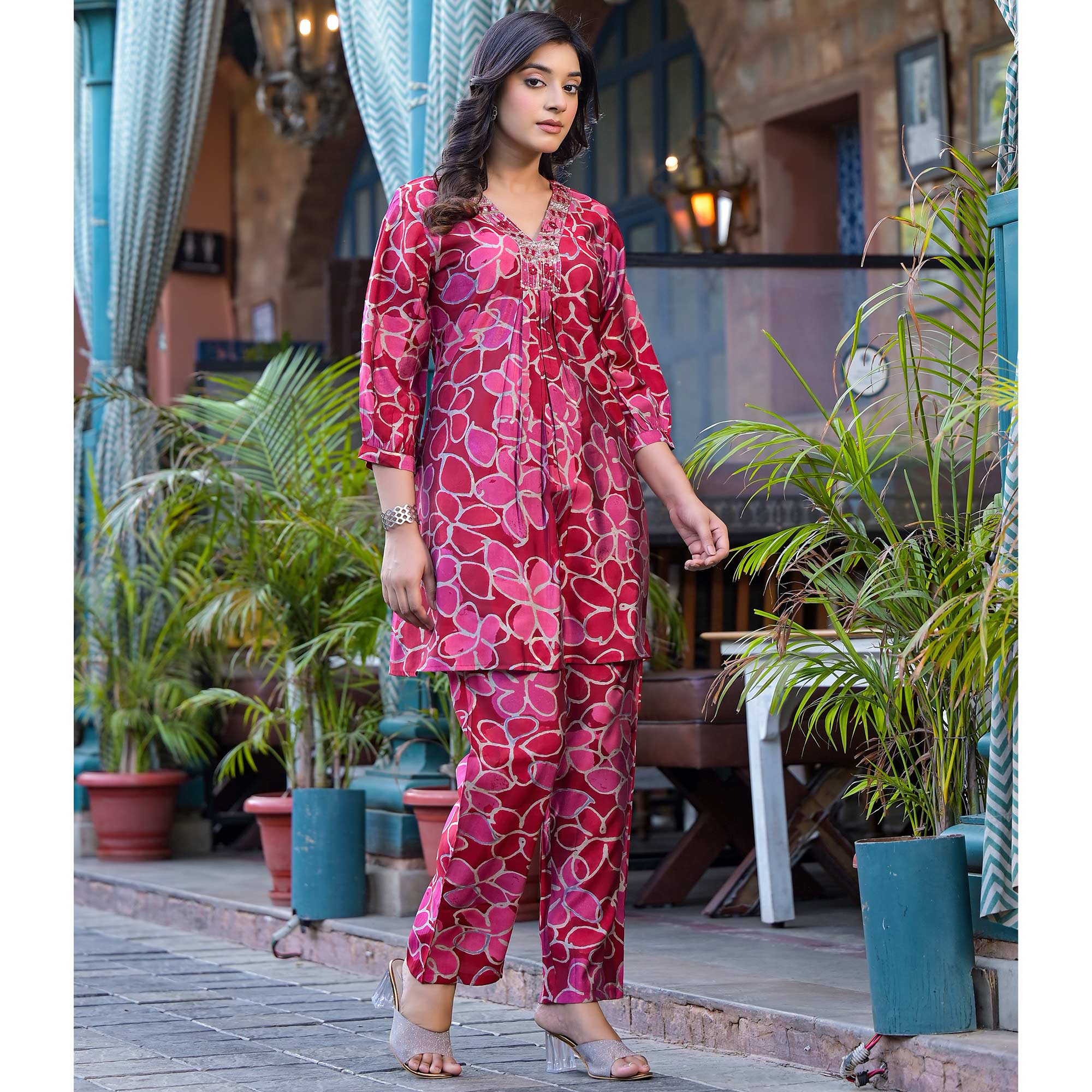 Red Floral Printed Chanderi Silk Co-Ord Set