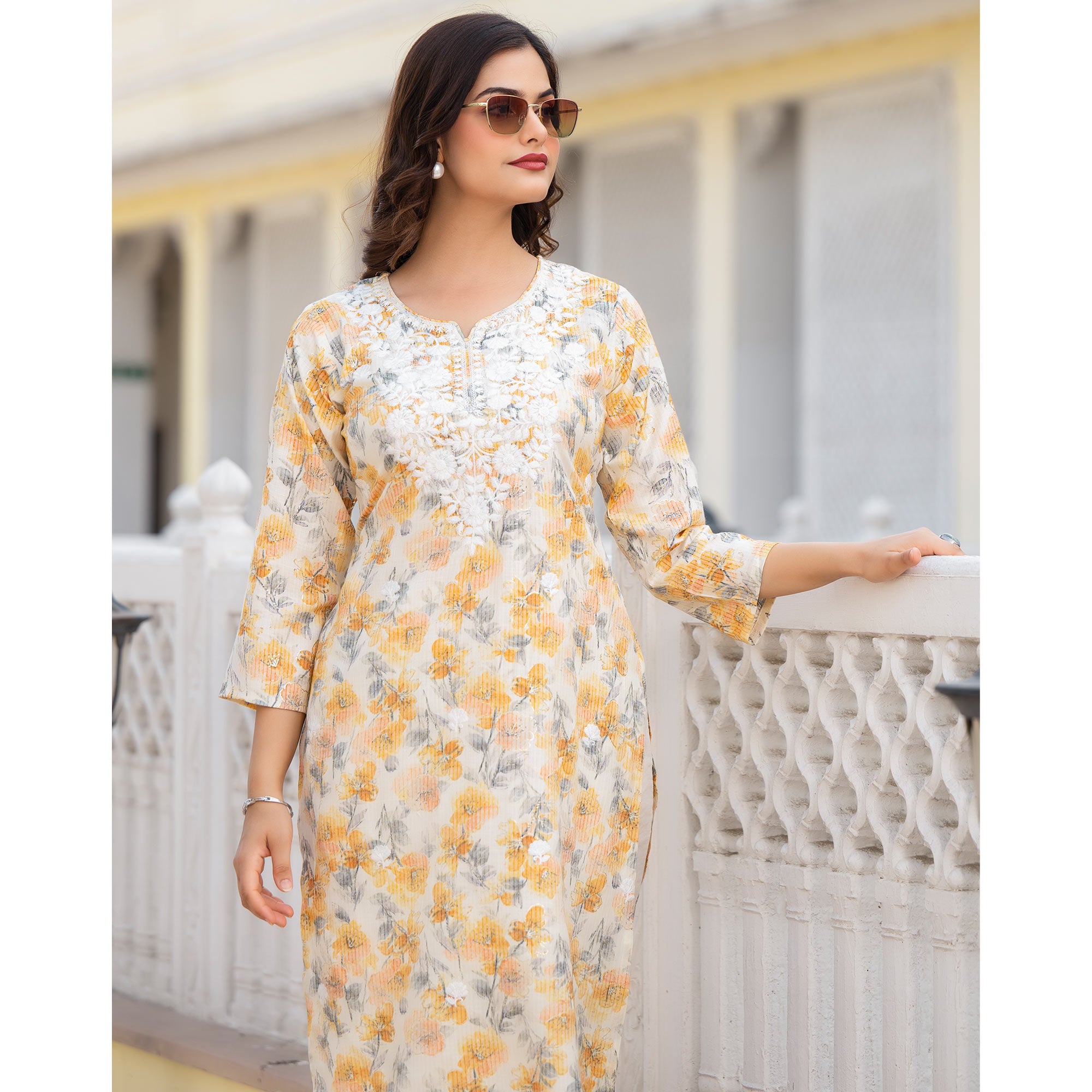 Cream & Mustard Floral Printed Rayon Straight Kurti